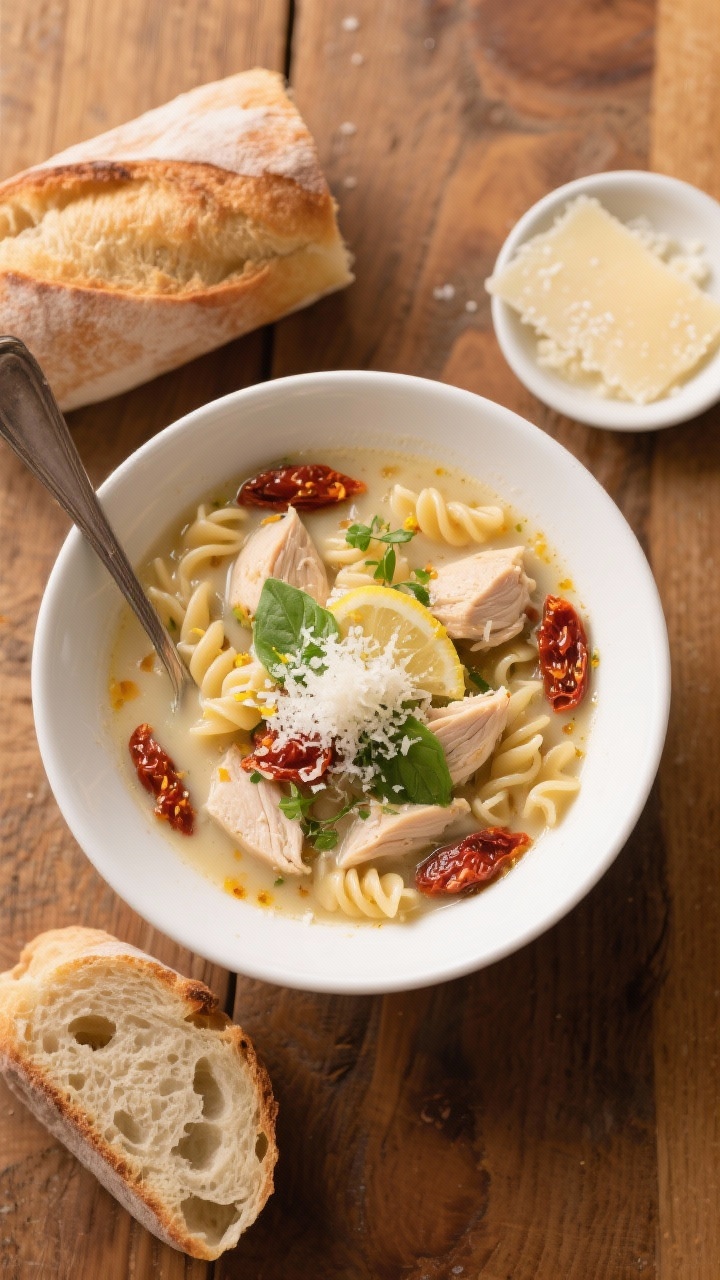 Tasty top view, overhead shot: Overhead shot of a ladled bowl of Marry Me Chicken Soup with short pa