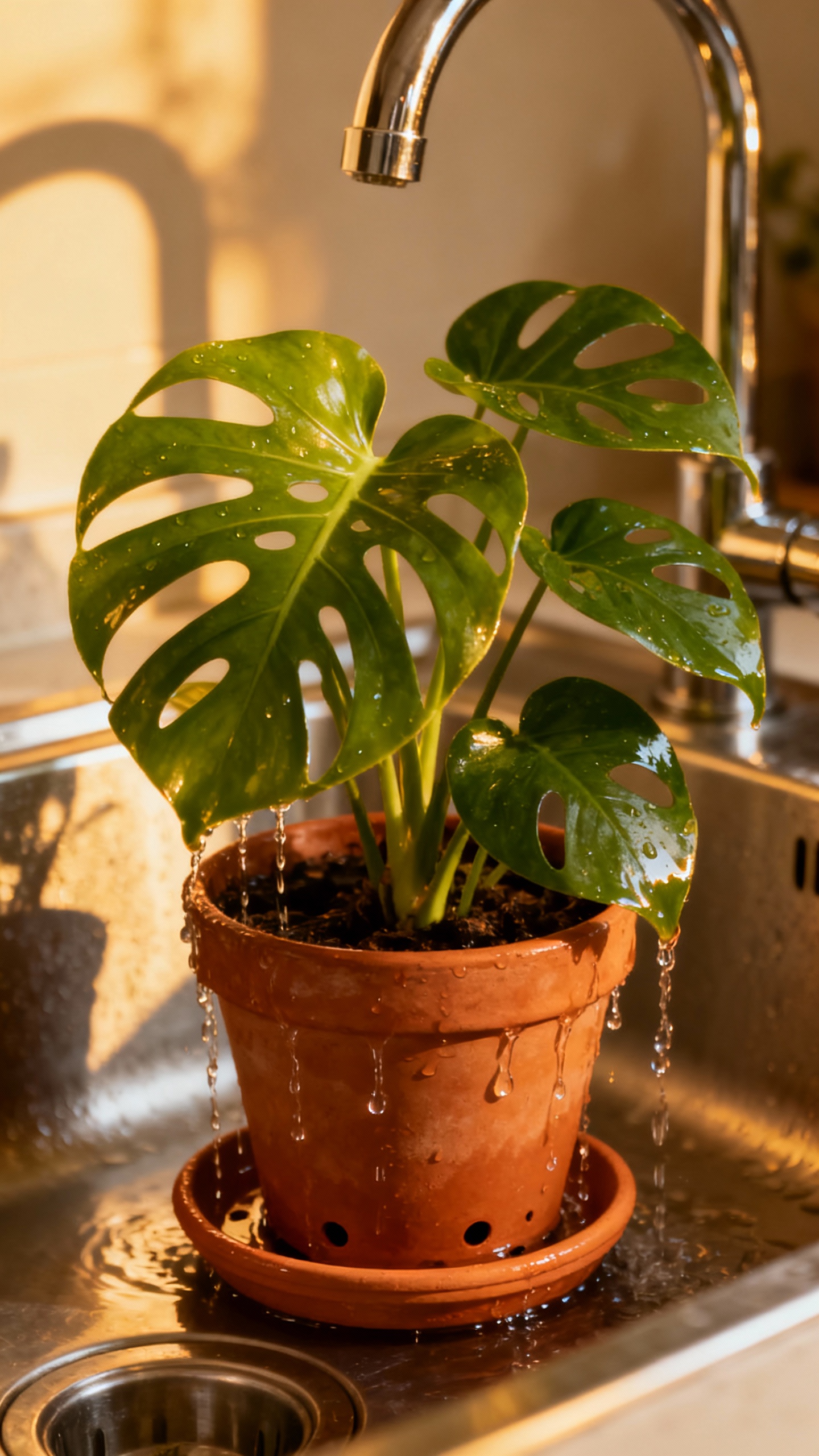Water pouring slowly around Monstera in terracotta pot, drainage holes dripping into saucer, glossy