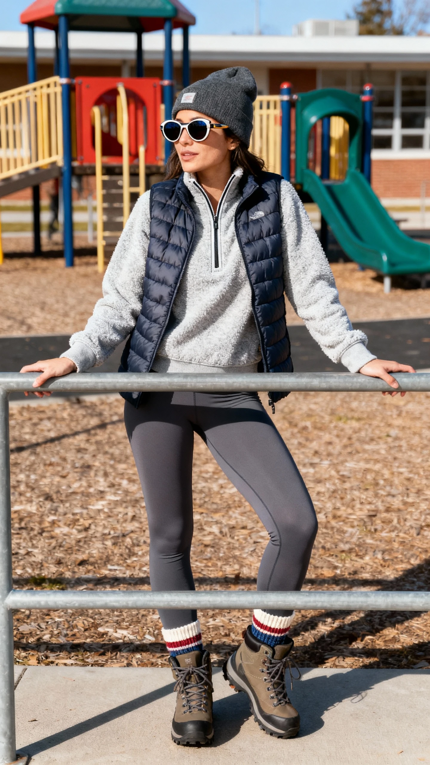A woman in a half-zip fleece pullover, lightweight quilted vest, high-rise thermal leggings, water-resistant hiker boots with wool-blend socks peeking out, sporty beanie and wraparound sunglasses, leaning on a schoolyard railing, casual iPhone photo style, sunny day, outdoor setting.