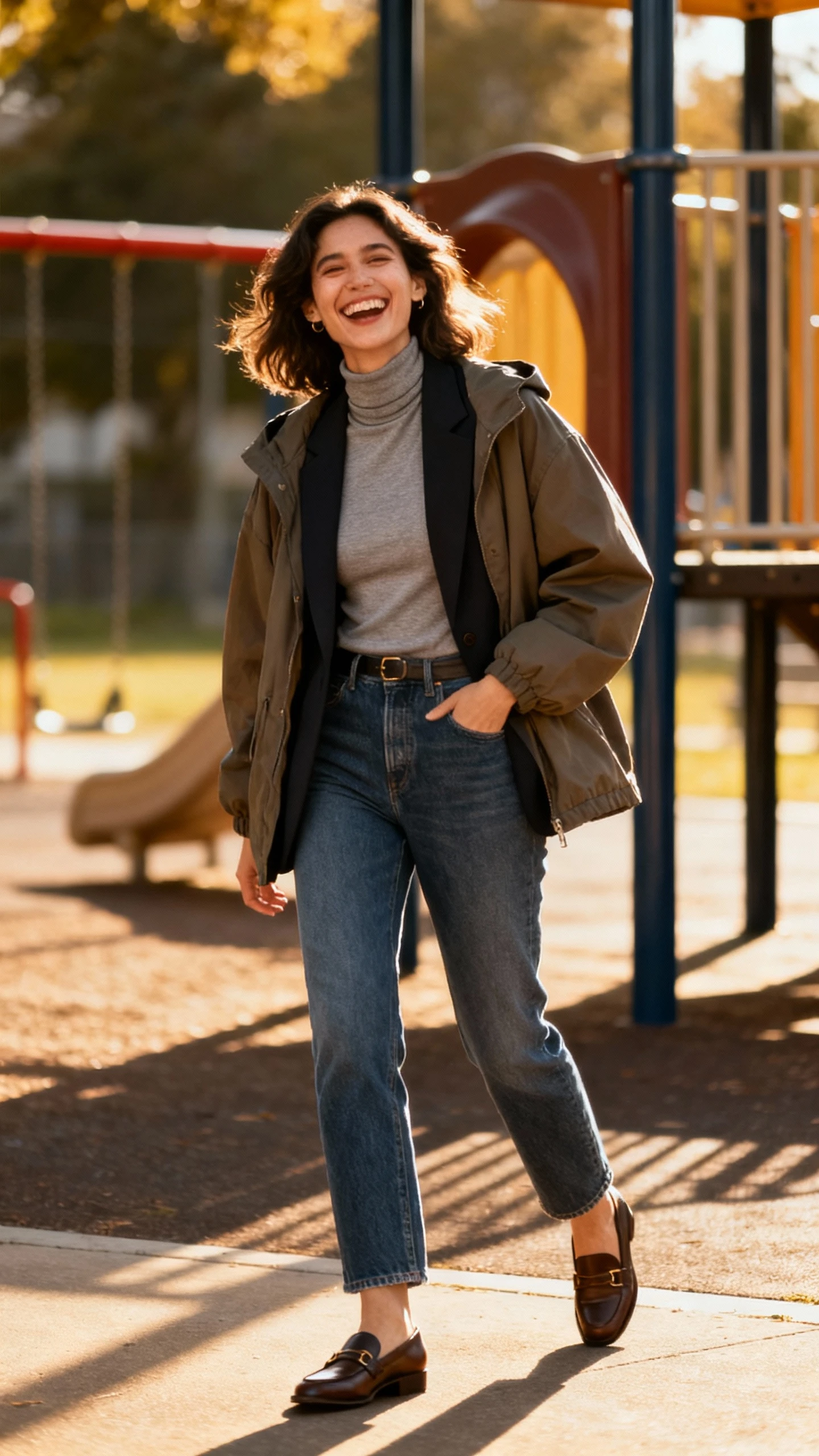 A woman wearing a fitted turtleneck layered under a blazer and an oversized shacket with straight-leg jeans and loafers, laughing near a school playground, casual iPhone photo style, sunny day, outdoor setting.