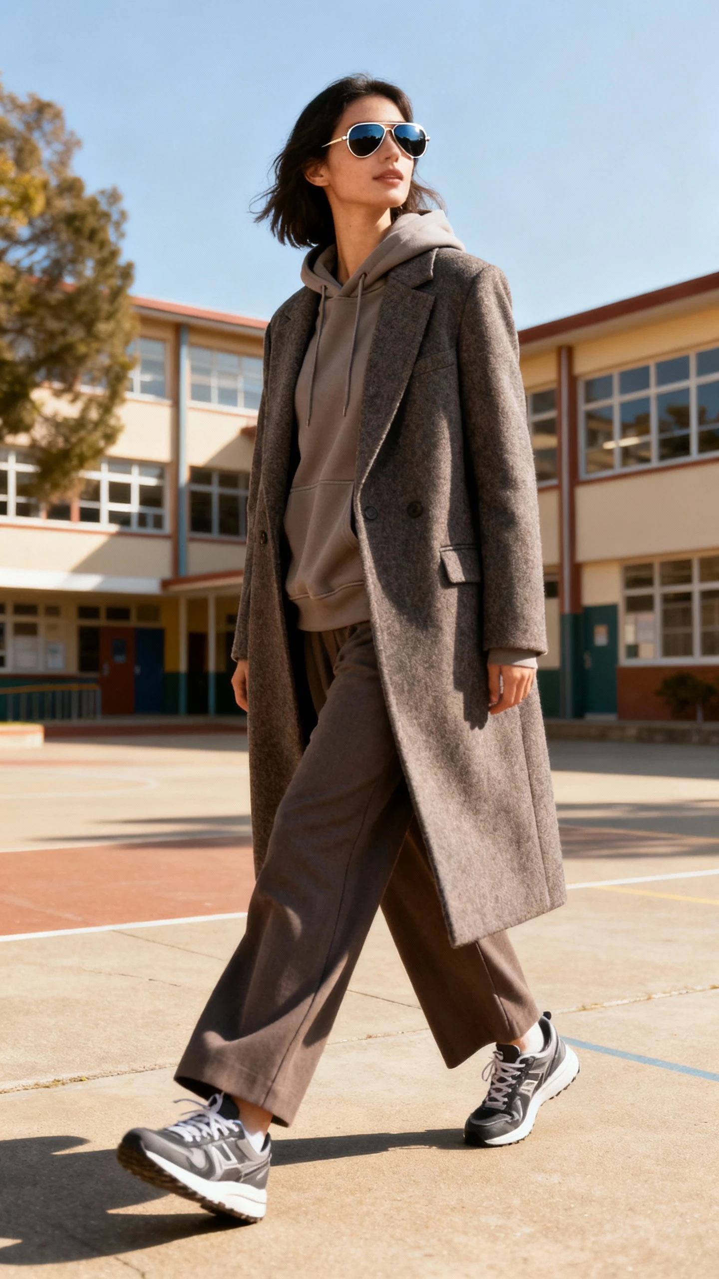 A woman wearing a long tailored wool coat over a structured hoodie, wide-leg trousers, and sleek sneakers with aviator sunglasses, crossing a school courtyard, casual iPhone photo style, natural daylight, outdoor setting.
