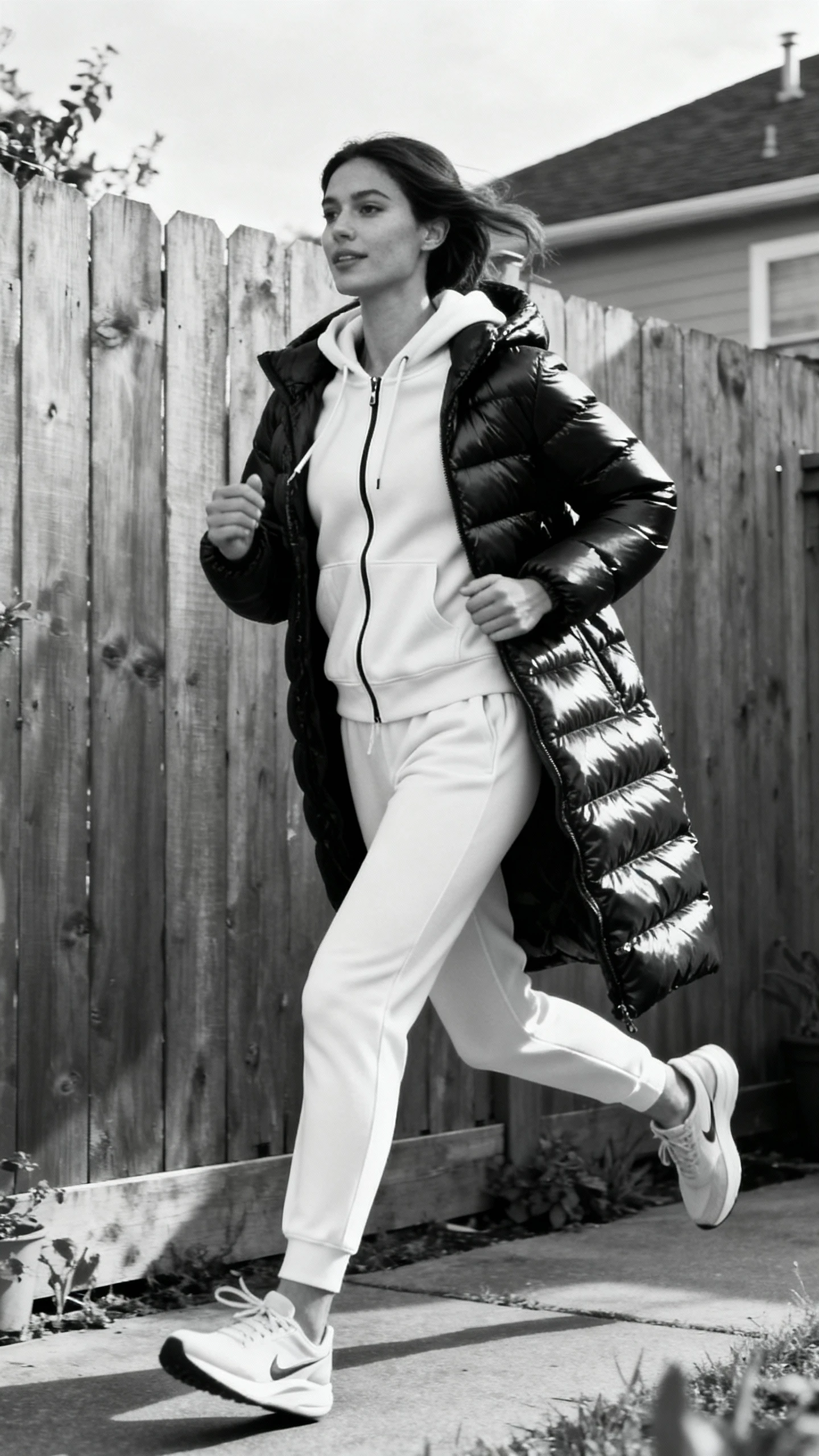 A woman wearing a monochrome athleisure set (fitted joggers and zip hoodie) with a sleek longline puffer and streamlined trainers, jogging past backyard fence, casual iPhone photo style, natural daylight, outdoor setting.