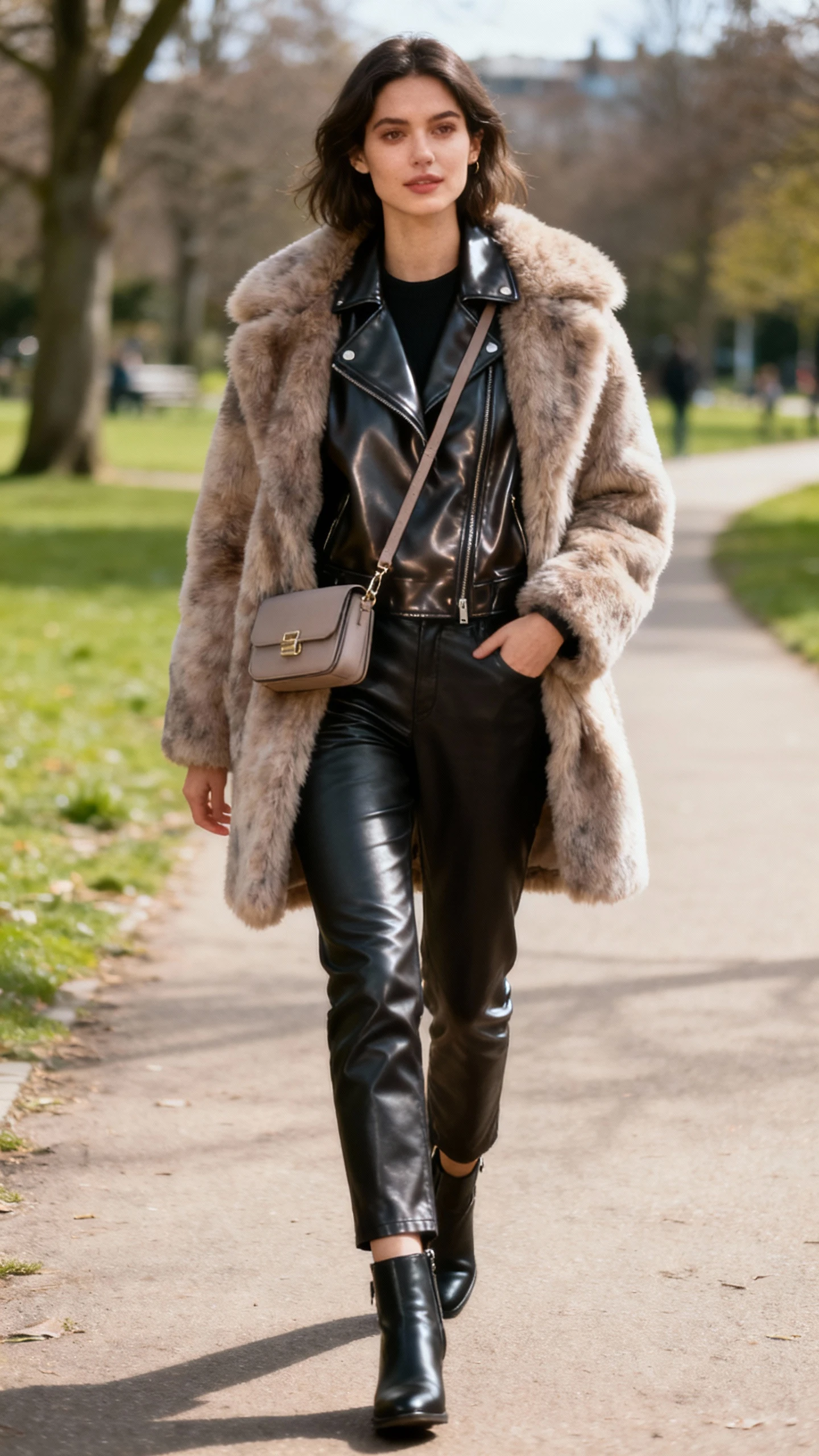 A woman wearing a plush faux-fur coat over a slick leather jacket and leather pants with ankle boots, minimal makeup and a small crossbody, strolling a park path, casual iPhone photo style, natural daylight, outdoor setting.