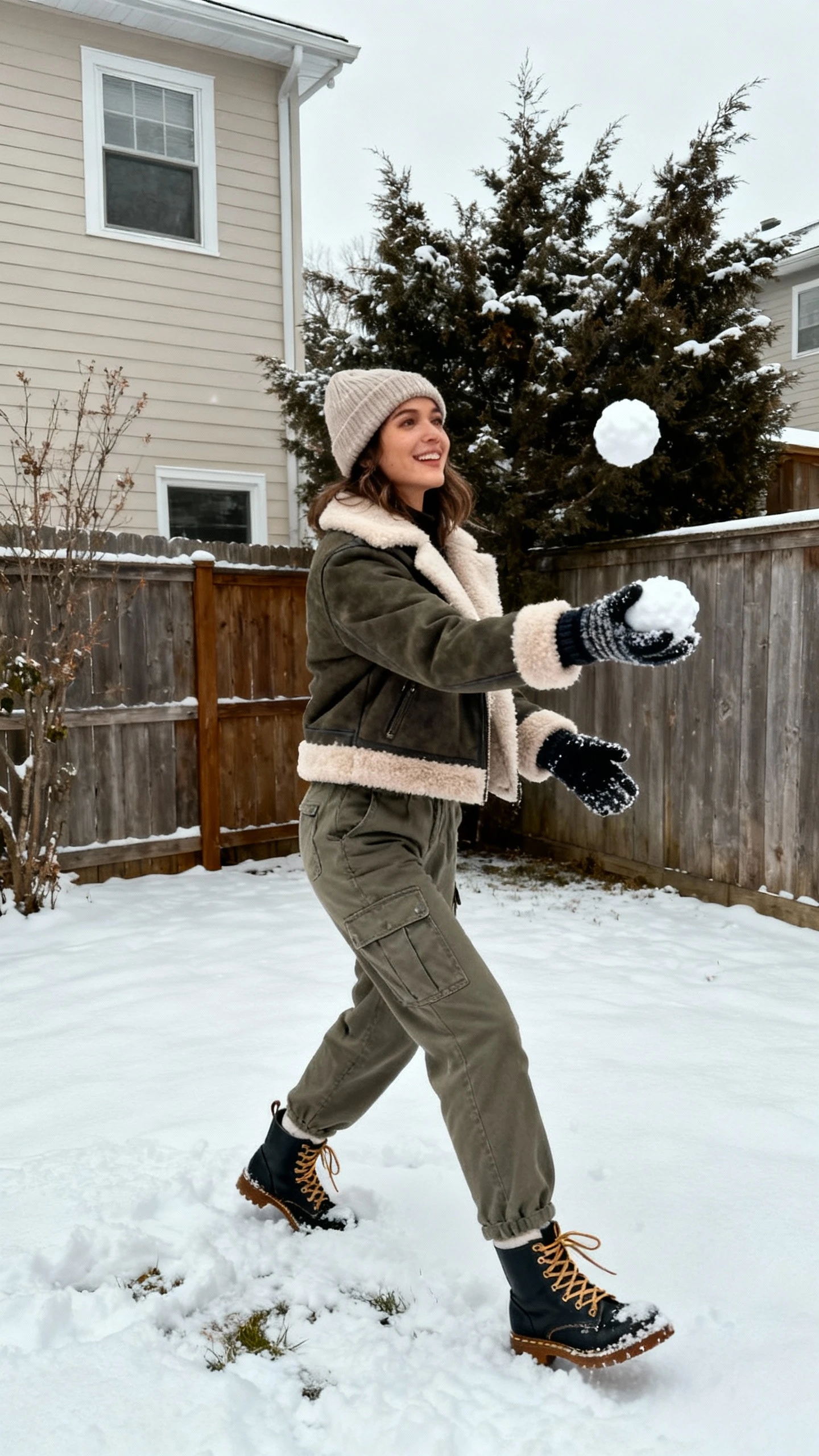 A woman wearing a shearling-lined jacket with cargo pants, lace-up winter boots, beanie, and mittens, tossing a snowball in a backyard, casual iPhone photo style, natural daylight, outdoor setting.