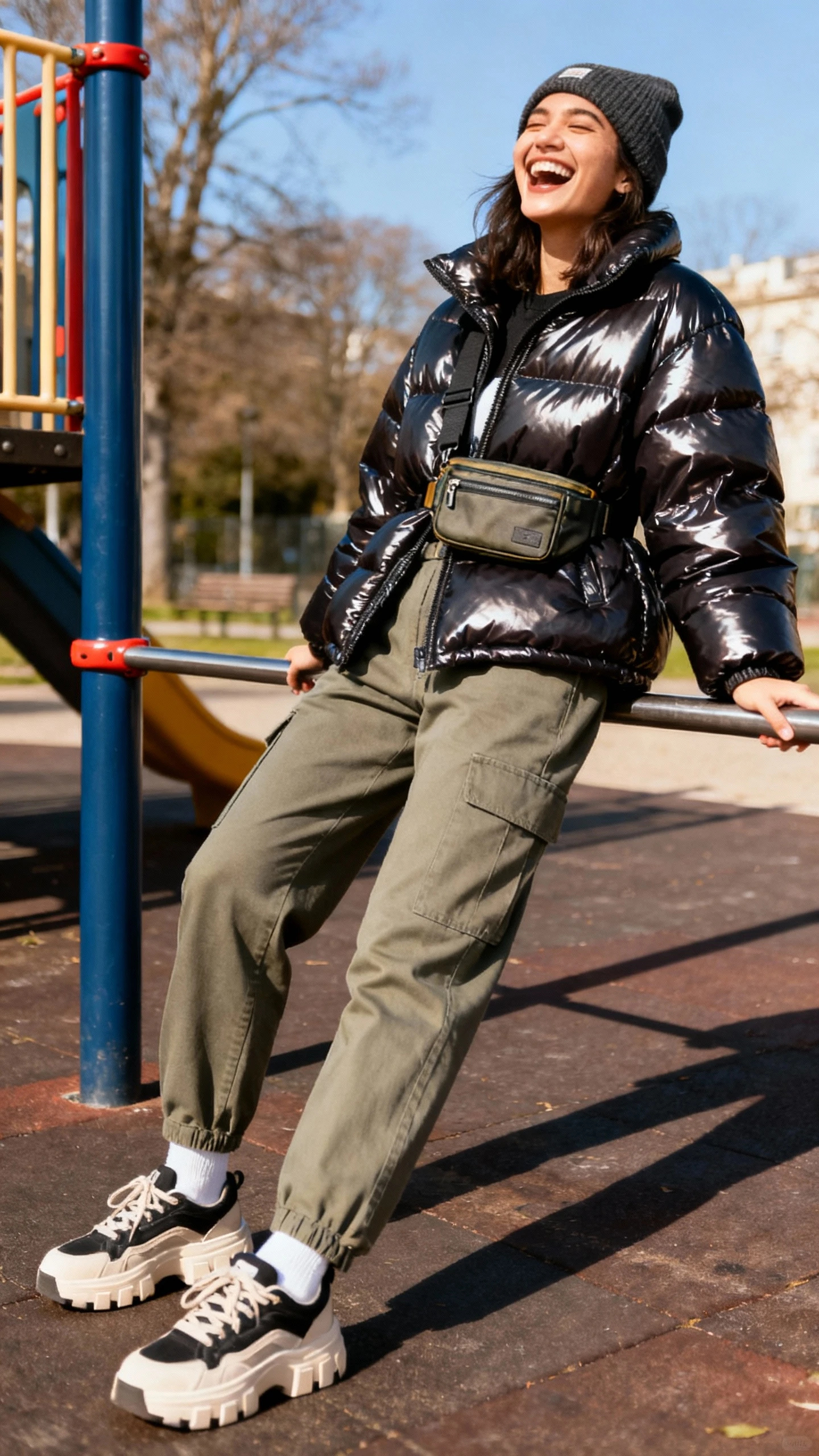 A woman wearing an oversized glossy puffer jacket with cargos, chunky sneakers, beanie, and crossbody belt bag, leaning on a playground rail mid-laugh, casual iPhone photo style, sunny day, outdoor setting.
