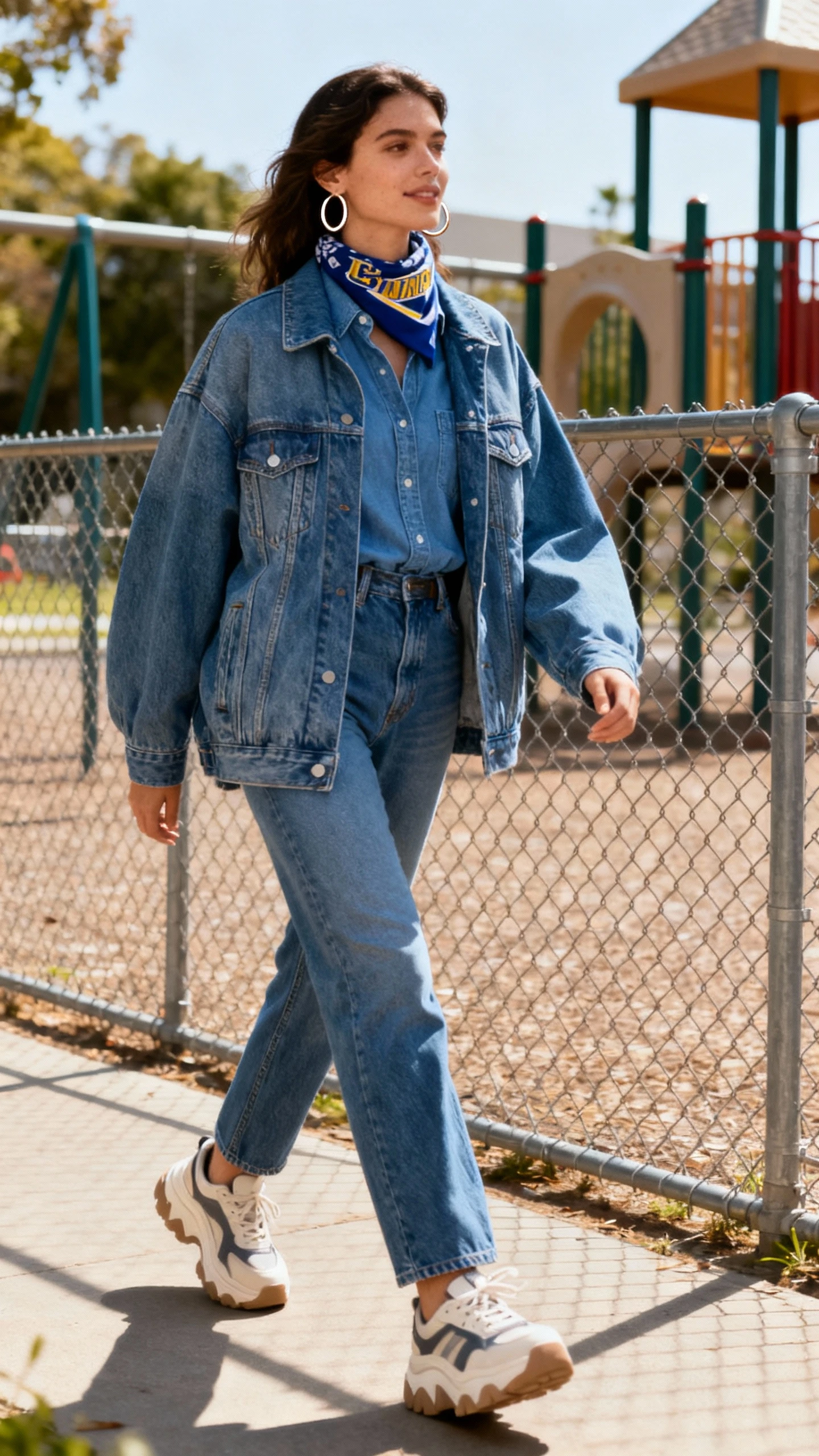 A woman wearing denim-on-denim: an oversized jean jacket over a tucked-in chambray shirt with straight-leg jeans, chunky dad sneakers, hoop earrings, and a team scarf for a street-style twist, walking past a park playground fence, casual iPhone photo style, natural daylight, outdoor setting, sunny day.