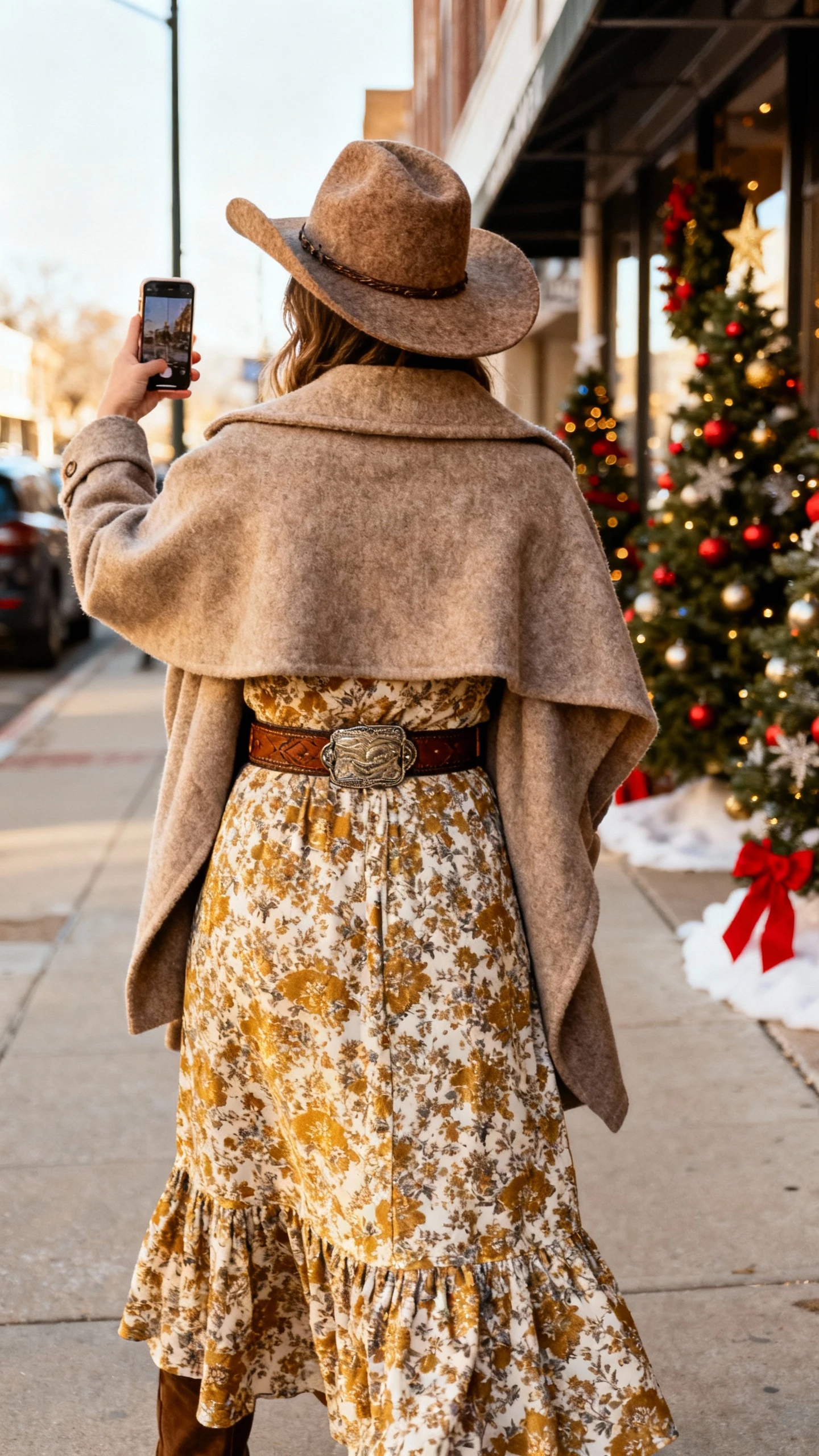 Back-view iPhone selfie of a woman wearing a printed flowy dress under a shawl-collar coat with a felt cowboy hat and western belt, face not visible, city sidewalk near holiday decor, soft morning light, natural iPhone photo quality.
