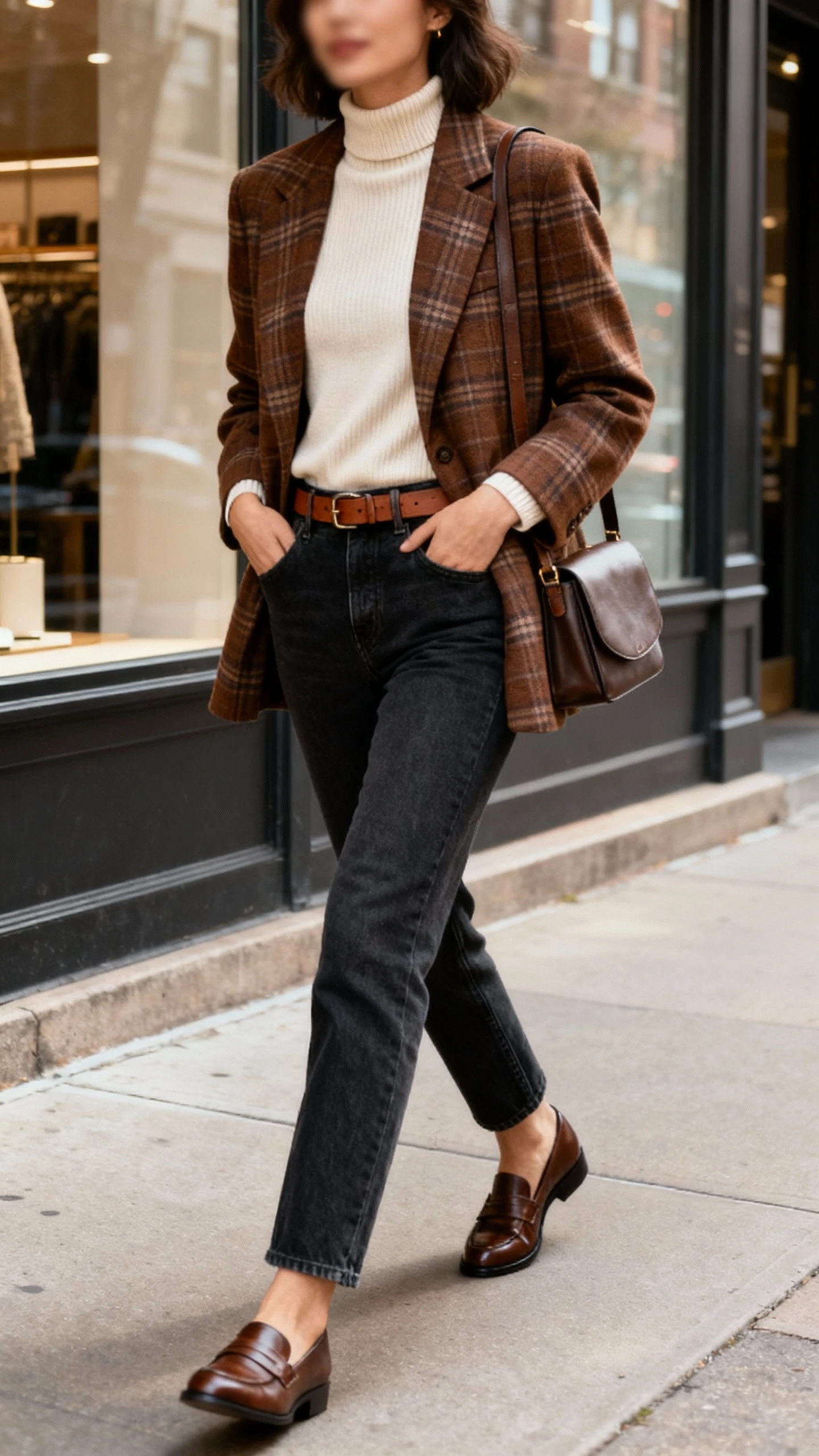 Candid photo of a woman in a brown plaid blazer over a cream fine-gauge turtleneck with dark-wash straight-leg jeans, leather loafers, a subtle leather belt, and a structured shoulder bag, walking on a city sidewalk past shop windows, face slightly blurred, natural daylight, casual iPhone aesthetic.
