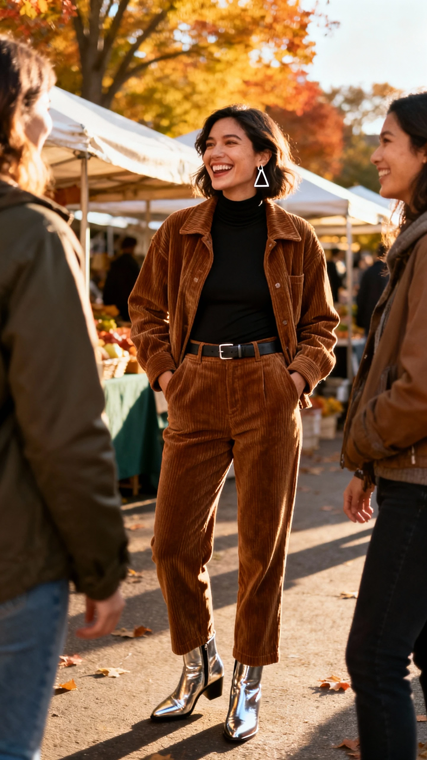Candid photo of a woman in a matching corduroy jacket and straight-leg trousers with a black fitted mock-neck top, metallic statement boots, a minimalist belt, and geometric earrings, laughing with friends at an outdoor fall market, face looking away, golden-hour daylight, iPhone snapshot feel.