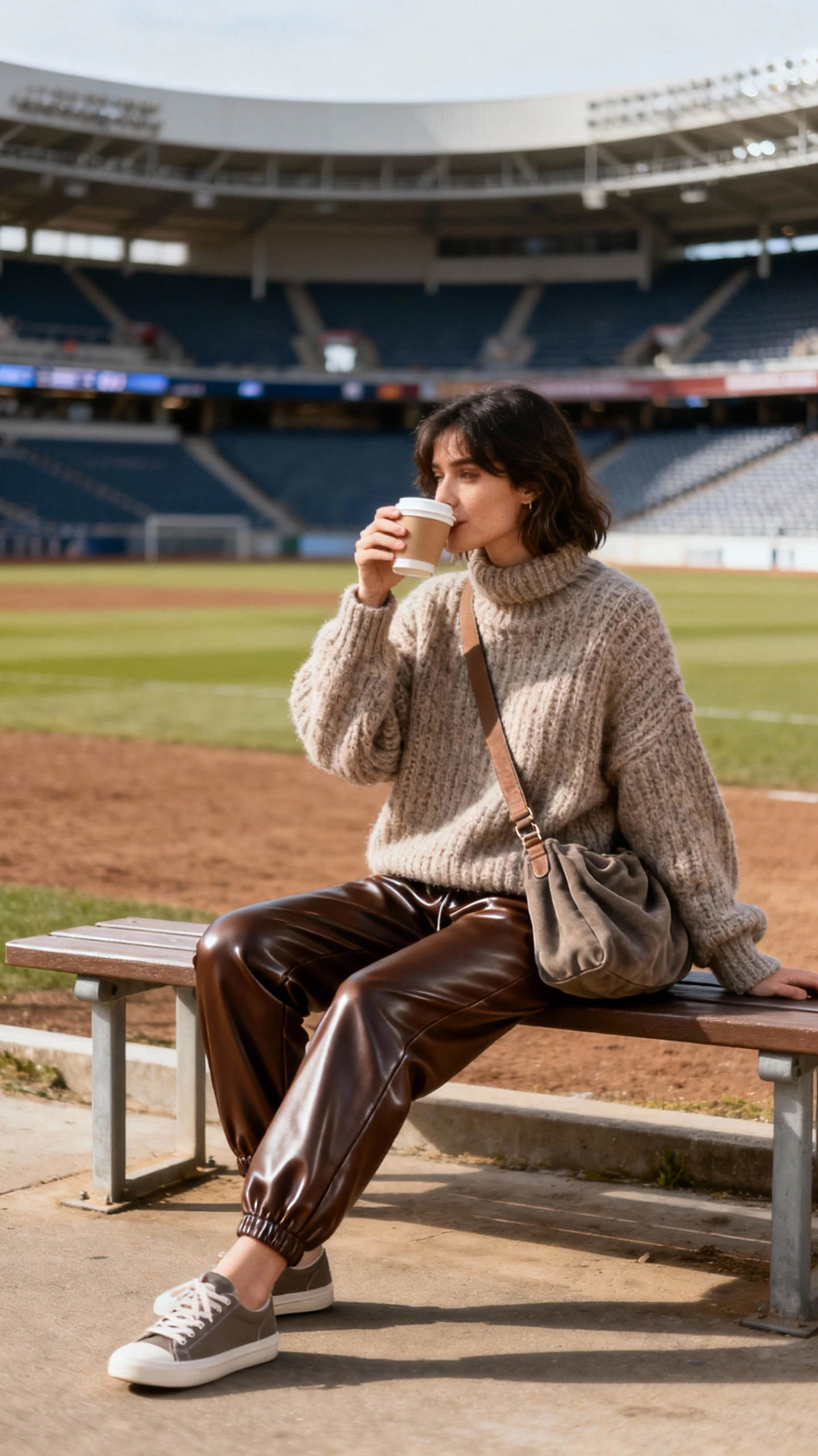 Candid photo of a woman wearing an oversized chunky knit sweater, faux-leather joggers, low-profile sneakers, and a slouchy crossbody, sipping coffee on a bench outside the arena, face slightly blurred, cozy vibe, soft afternoon daylight, casual iPhone aesthetic.