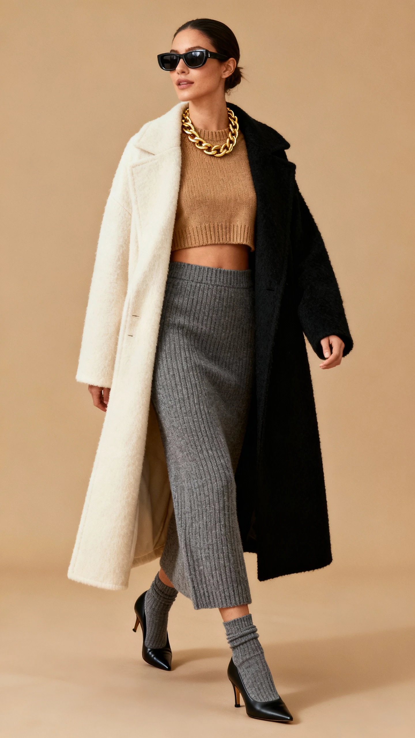 Editorial style photo of a woman in a monochrome matching knit set (cropped sweater with high-waisted knit skirt or wide-leg knit pants) topped with a long wool coat in the same color family (cream/camel/graphite/black), slingback heels or sleek sock booties, bold sunglasses, and a thick gold chain necklace; tan background, studio lighting, natural walking pose, clean composition.