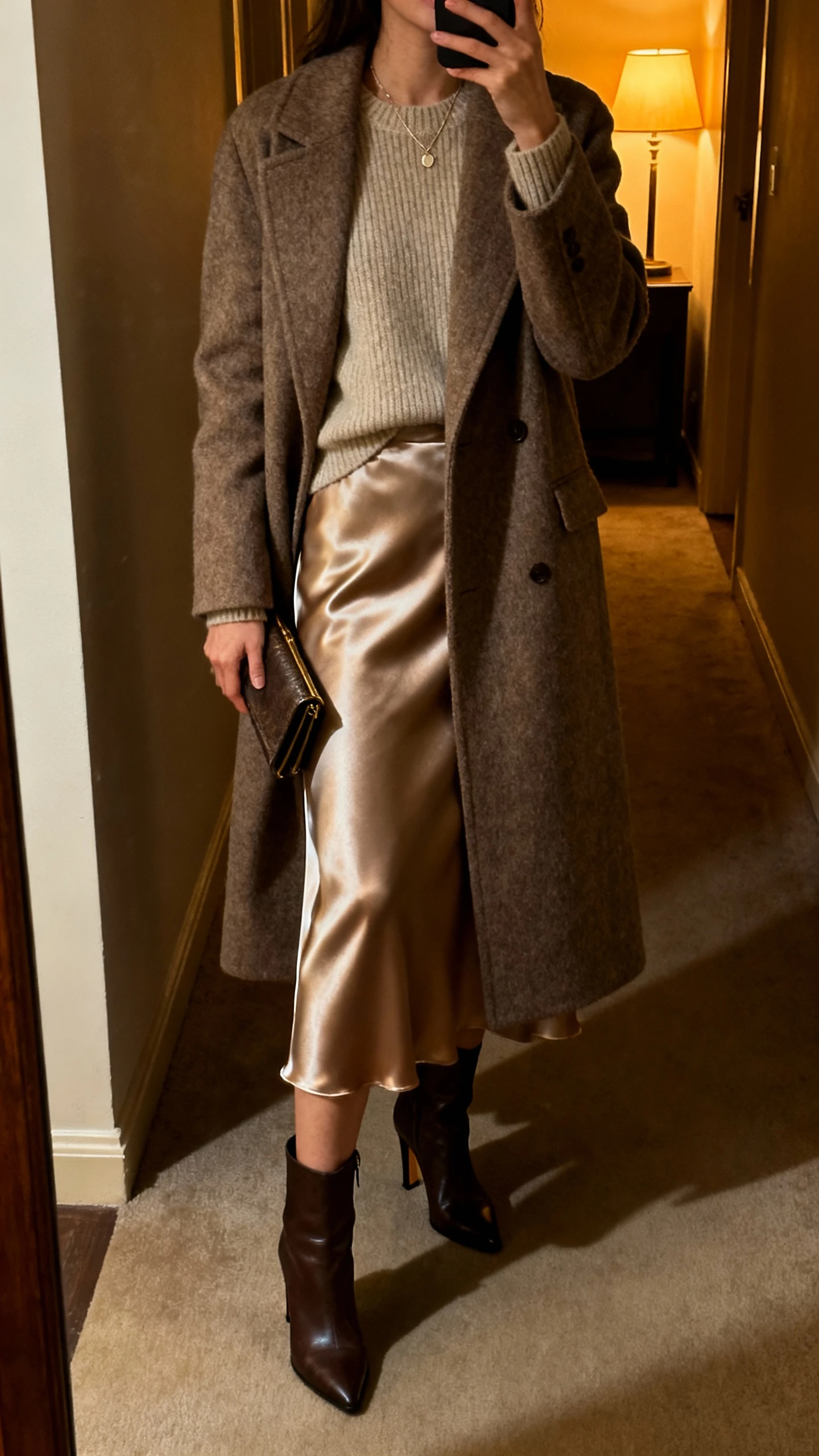 Evening iPhone mirror selfie of a woman in a long wool coat over a satin midi skirt, fine-gauge sweater, heeled boots, clutch, subtle necklace; face not visible, cropped at neck, dim hallway with warm lamp glow, natural iPhone photo quality.