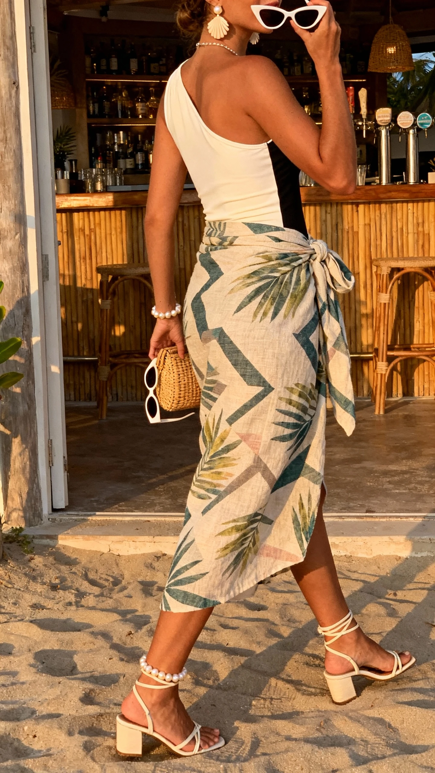 iPhone back/side-angle selfie of a woman walking from beach bar in a linen-blend wrap boho skirt (tropical or soft geometric), one-shoulder bodysuit (white/cream/black), strappy heeled sandals, mini rattan clutch, shell or pearl earrings and anklet, oversized cat-eye sunglasses in hand, face not visible, golden hour natural light, iPhone photo quality.