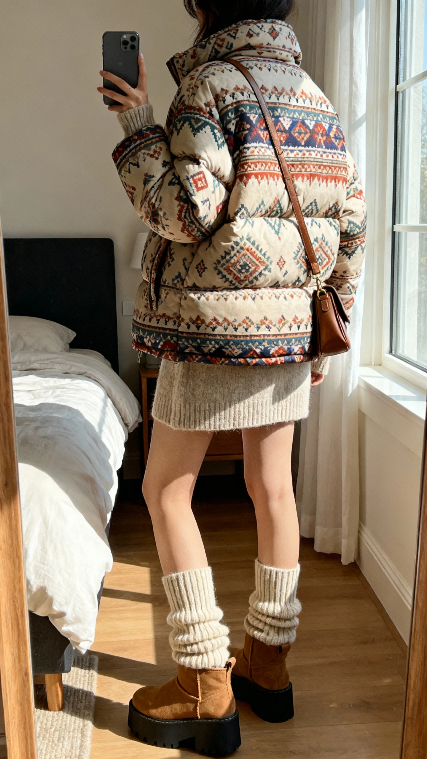 iPhone back-view selfie in a bedroom mirror showing a woman wearing a boho-print puffer over a sweater dress, chunky socks with platform boots, crossbody bag, face not visible, morning window light, natural iPhone photo quality.