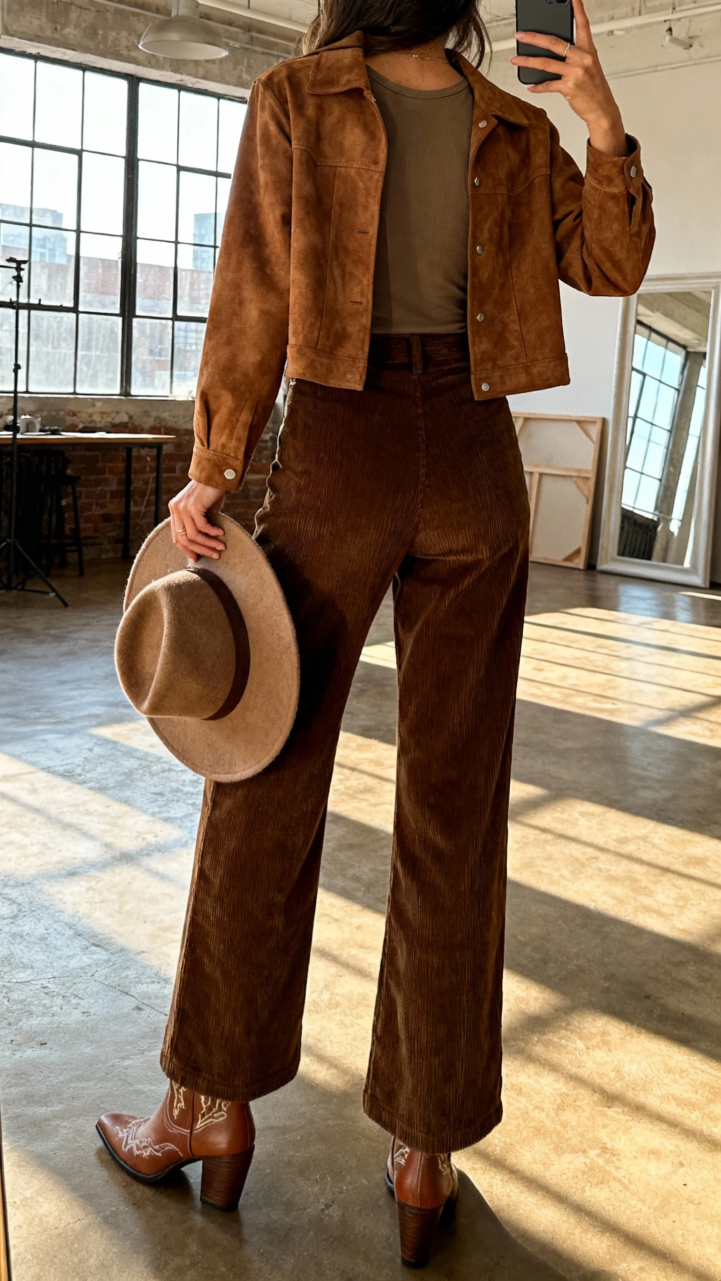 iPhone back-view selfie of a woman in a suede shacket over a fitted tee with wide-leg corduroy pants, felt hat in hand, and heeled western mules; face not visible, studio loft setting, afternoon window light, casual iPhone snap.