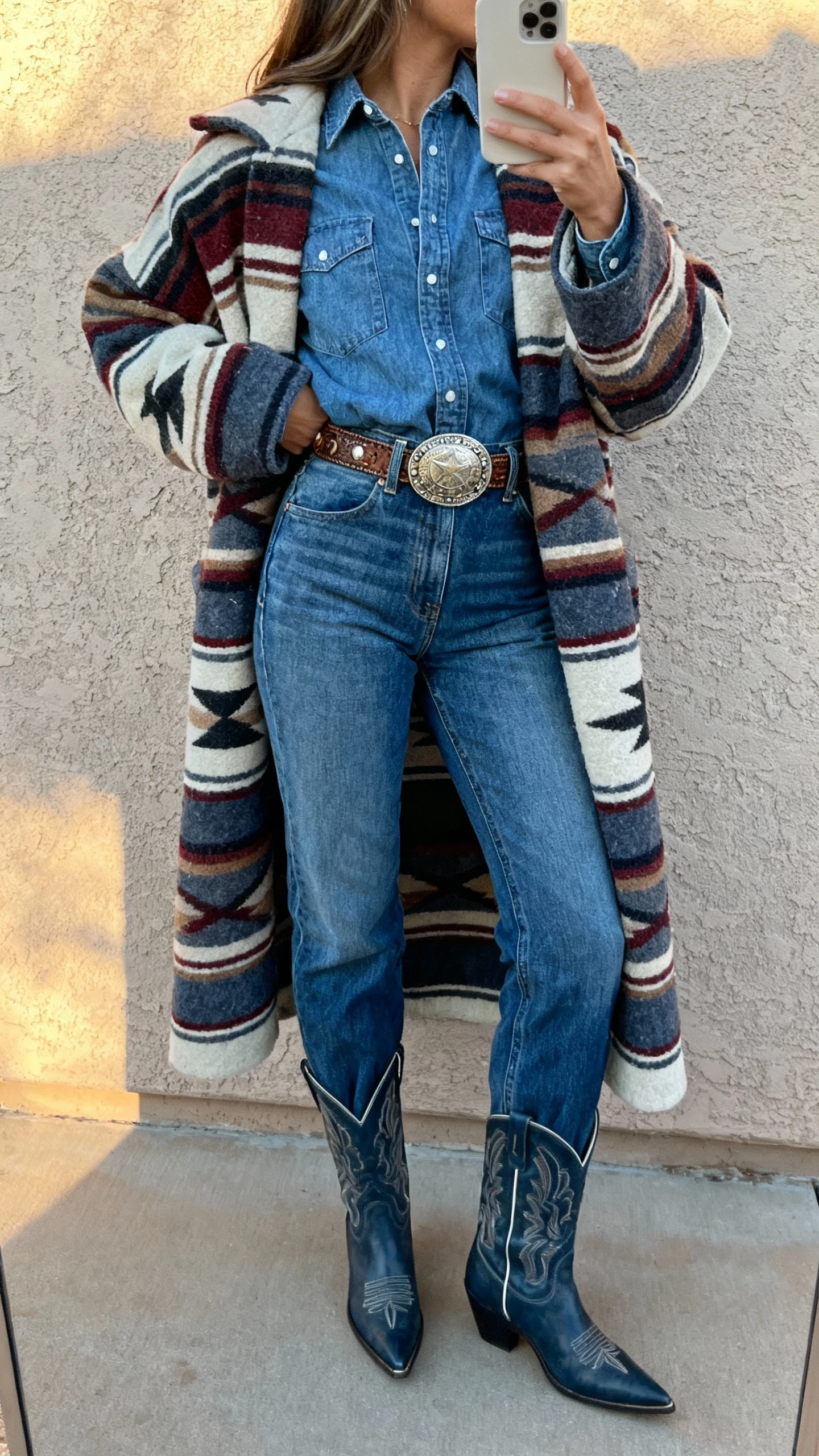 iPhone back-view selfie of a woman in denim-on-denim (chambray shirt tucked into high-rise jeans) topped with a southwestern blanket coat, concho belt, and pointed-toe cowboy boots, face not visible, taken outdoors by a stucco wall in soft afternoon light, natural iPhone photo quality.
