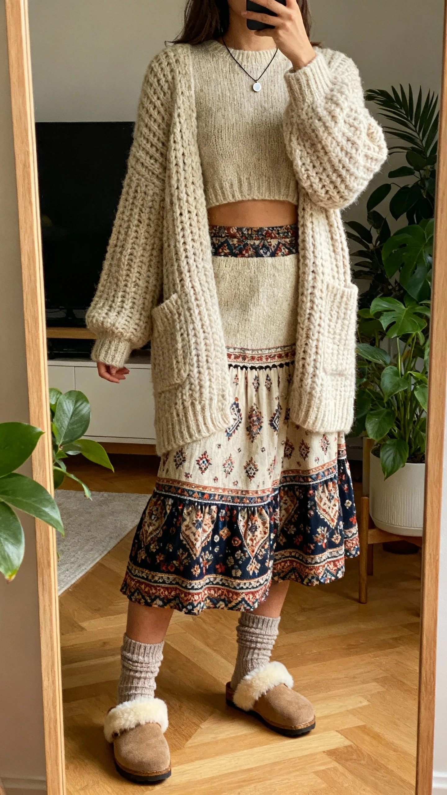 iPhone back-view selfie of a woman wearing a chunky cardigan set (matching knit top and cardigan) with a printed boho skirt, shearling-lined clogs, wool socks, and a simple pendant, face not visible, living room mirror with plants, warm indoor lighting, natural iPhone aesthetic.