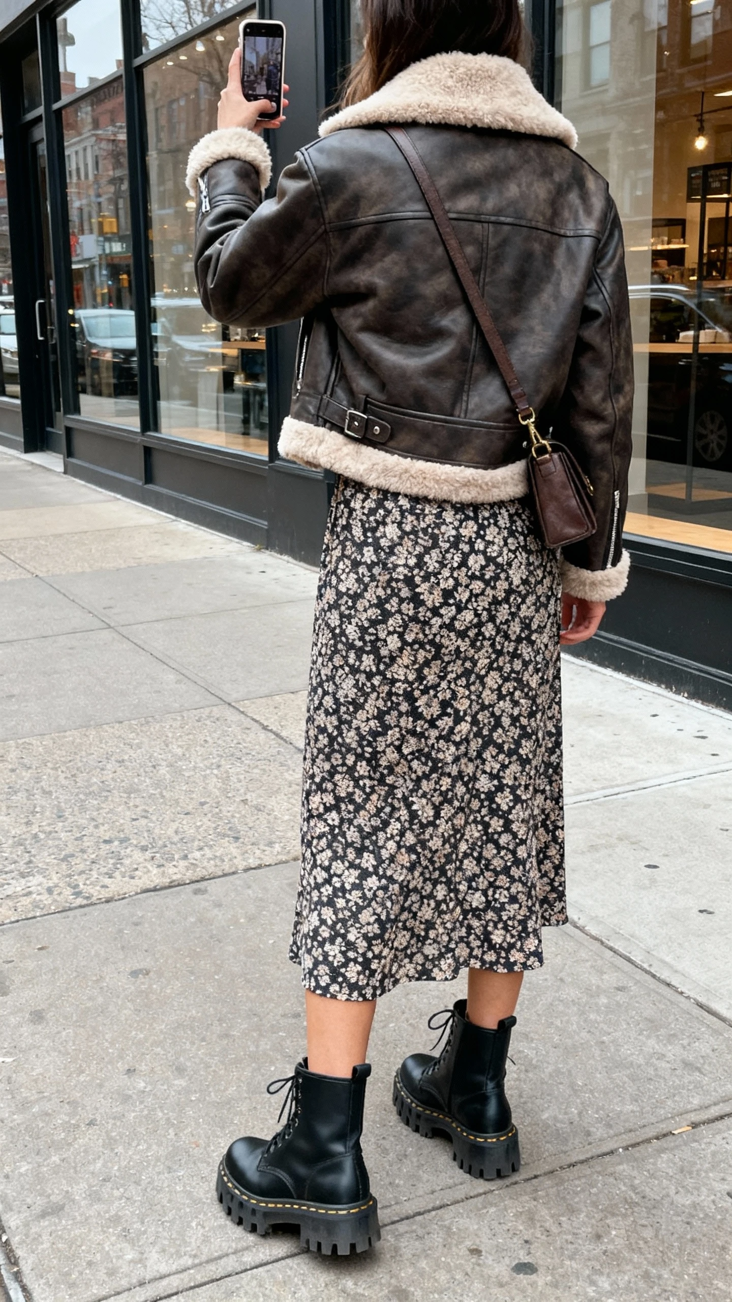 iPhone back-view selfie of a woman wearing a shearling-lined moto jacket over a printed midi dress with lug-sole boots and a crossbody bag, face not visible, city sidewalk storefront reflection, overcast natural daylight, natural iPhone photo quality.