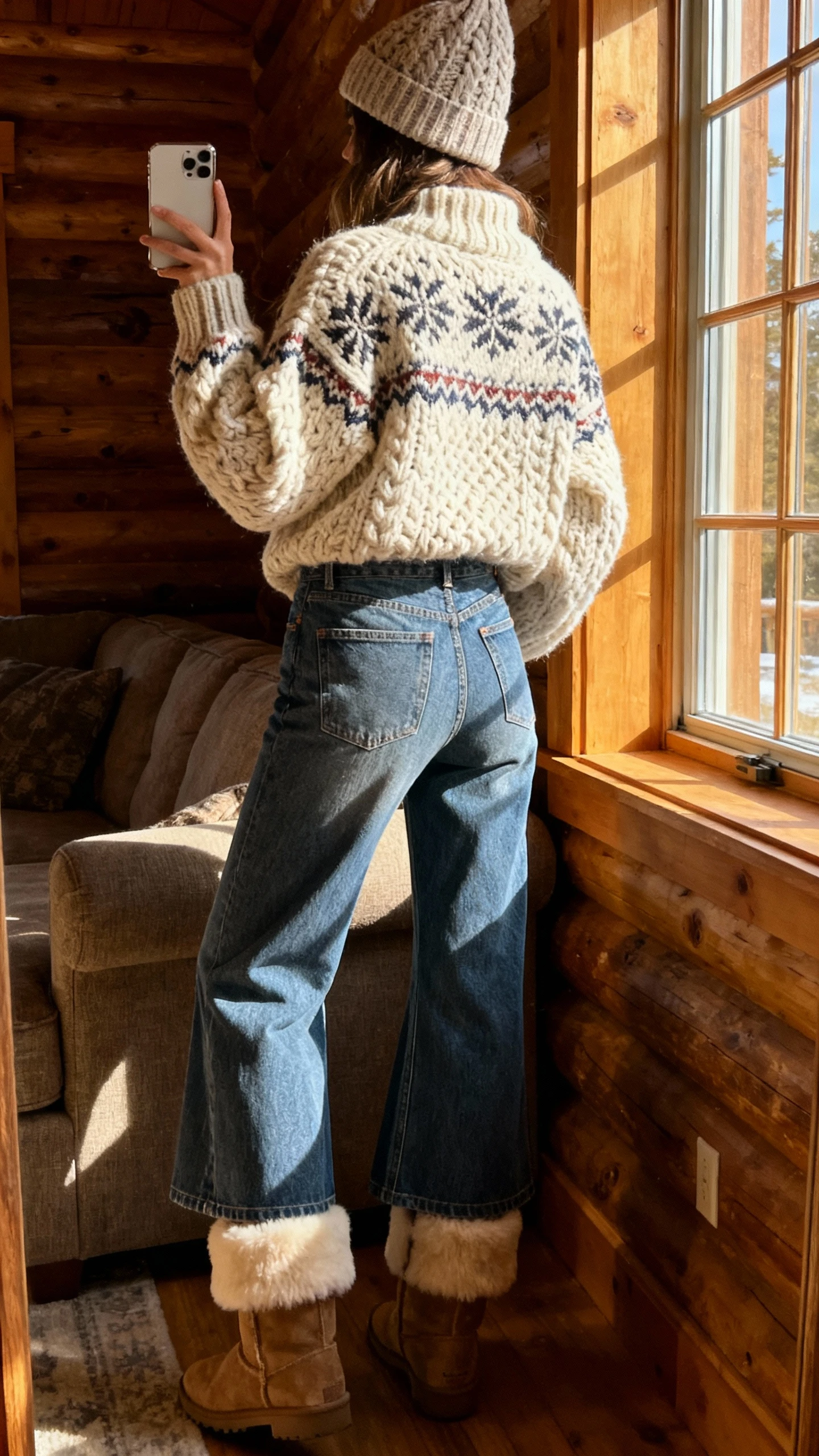 iPhone back-view selfie of a woman wearing a ski-lodge-inspired chunky knit sweater, high-waist flare jeans, shearling-lined boots, knit beanie, face not visible, taken near a cabin-style living room window, natural afternoon light, casual iPhone photo.