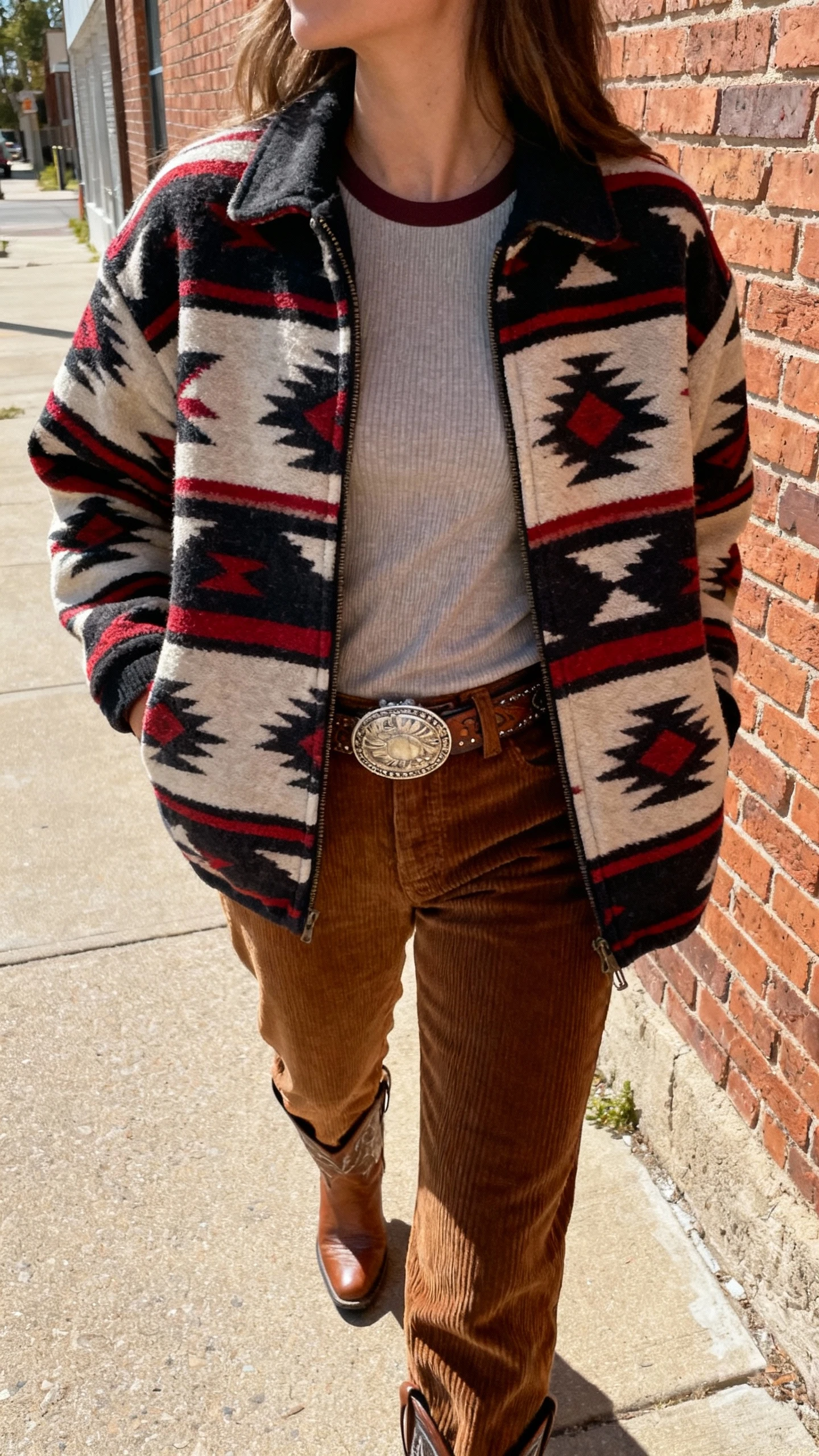 iPhone back-view selfie of a woman wearing a southwestern blanket jacket with bold geometric patterns, thermal tee, corduroy trousers, concho belt, and cowboy boots, face not visible, taken walking past a brick wall on a sunny street, natural daylight iPhone shot.