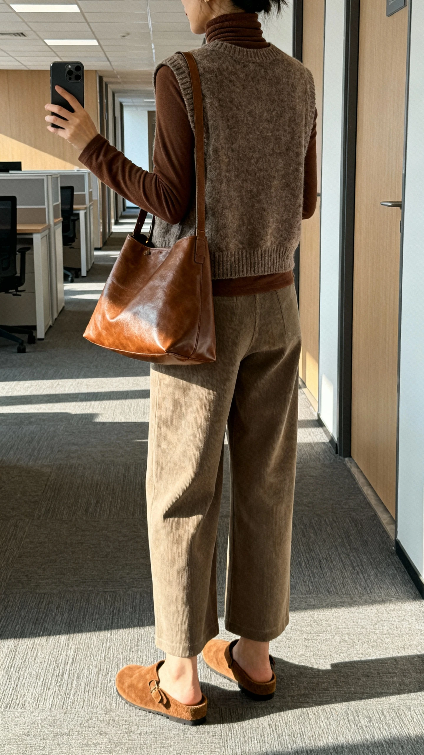iPhone back-view selfie of a woman wearing an earthy turtleneck layered under a knit vest, wide-leg trousers, suede clogs, and a leather tote, face not visible, office corridor with morning light, natural iPhone photo quality