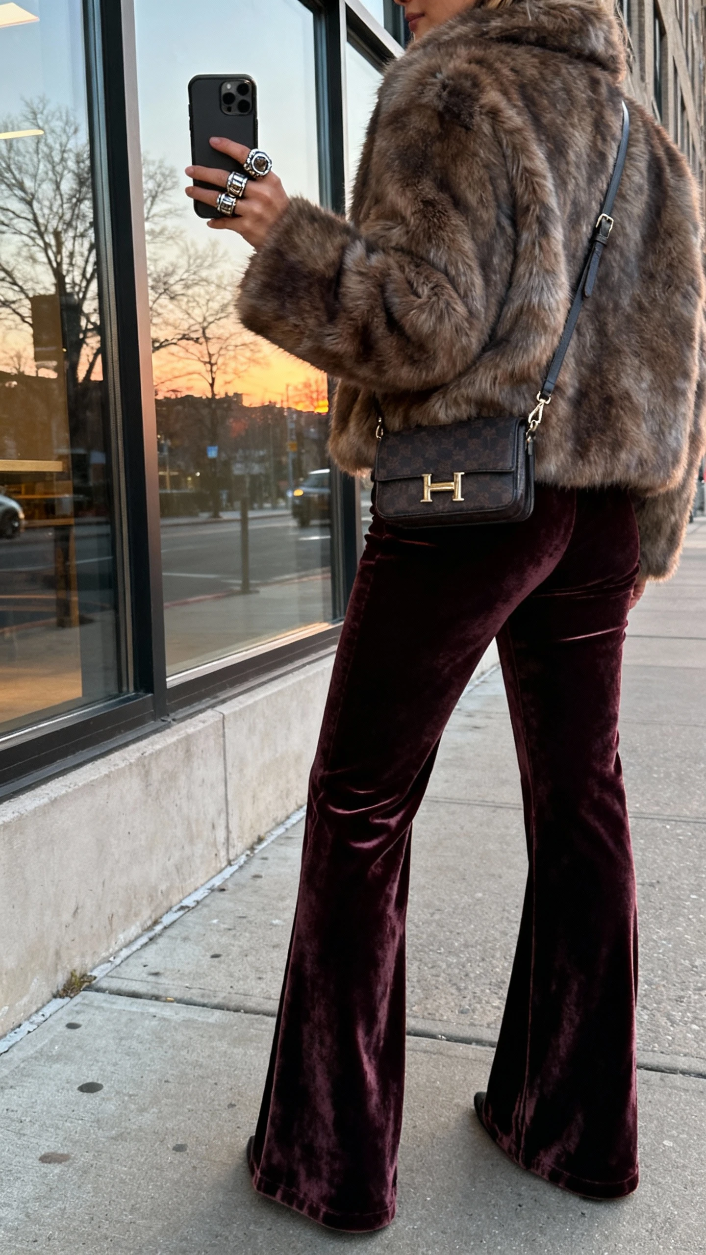 iPhone back-view selfie of a woman wearing velvet flare pants, a faux-fur coat, and chunky rings with a small crossbody bag, face not visible, city sidewalk window reflection, dusk natural light, casual iPhone photo.