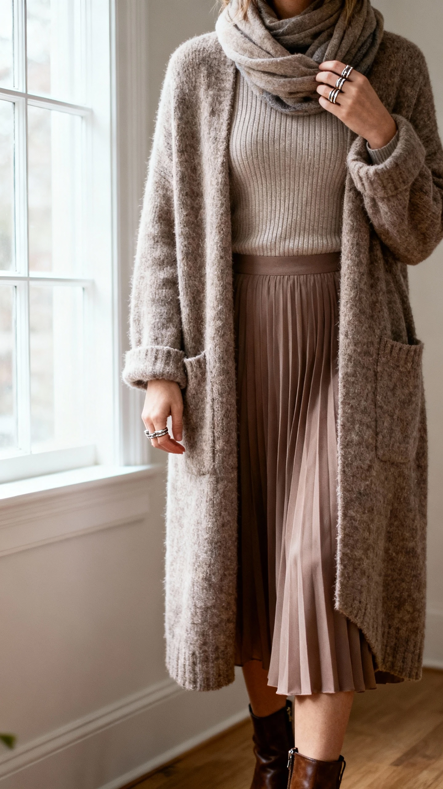 iPhone cafe table selfie cropped at shoulders of a woman wearing a cozy long cardigan over a fitted knit top, swishy midi skirt, ankle boots, layered rings and scarf, face not visible, window light, natural iPhone photo quality.