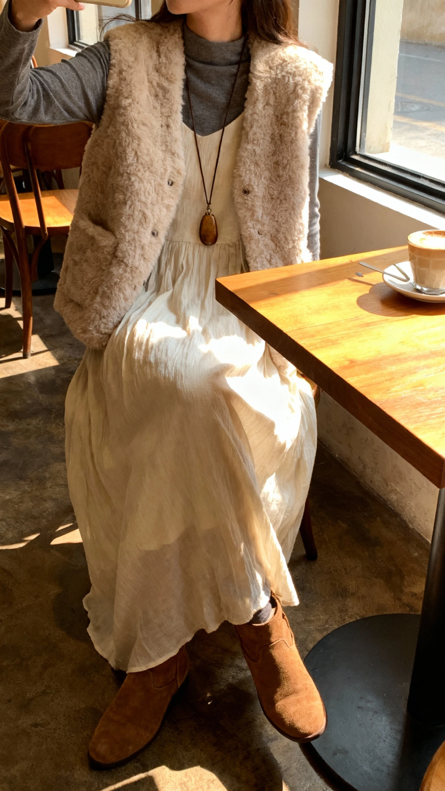 iPhone cafe table selfie from side angle showing a woman in a flowy maxi dress layered with a shearling vest, suede ankle boots, long pendant necklace, face not visible, warm morning light by window, casual iPhone photo