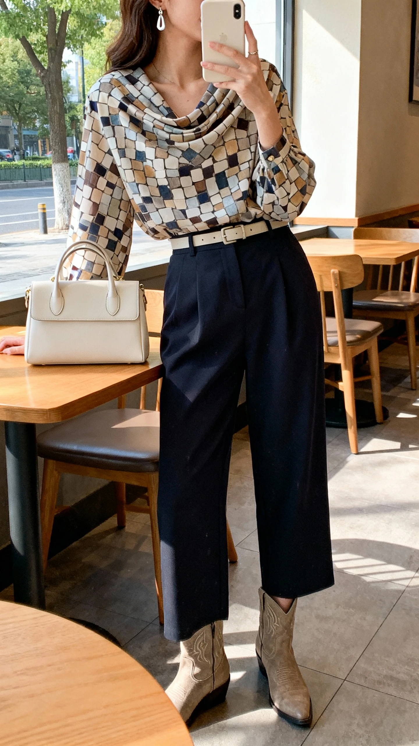 iPhone cafe table selfie of a woman in a softly draped mosaic-print blouse tucked into high-waisted ink culottes, subtle Western-inspired ankle boots, a minimal belt, drop earrings, and a clean satchel bag, face not visible, side angle, morning cafe light, natural iPhone photo quality.