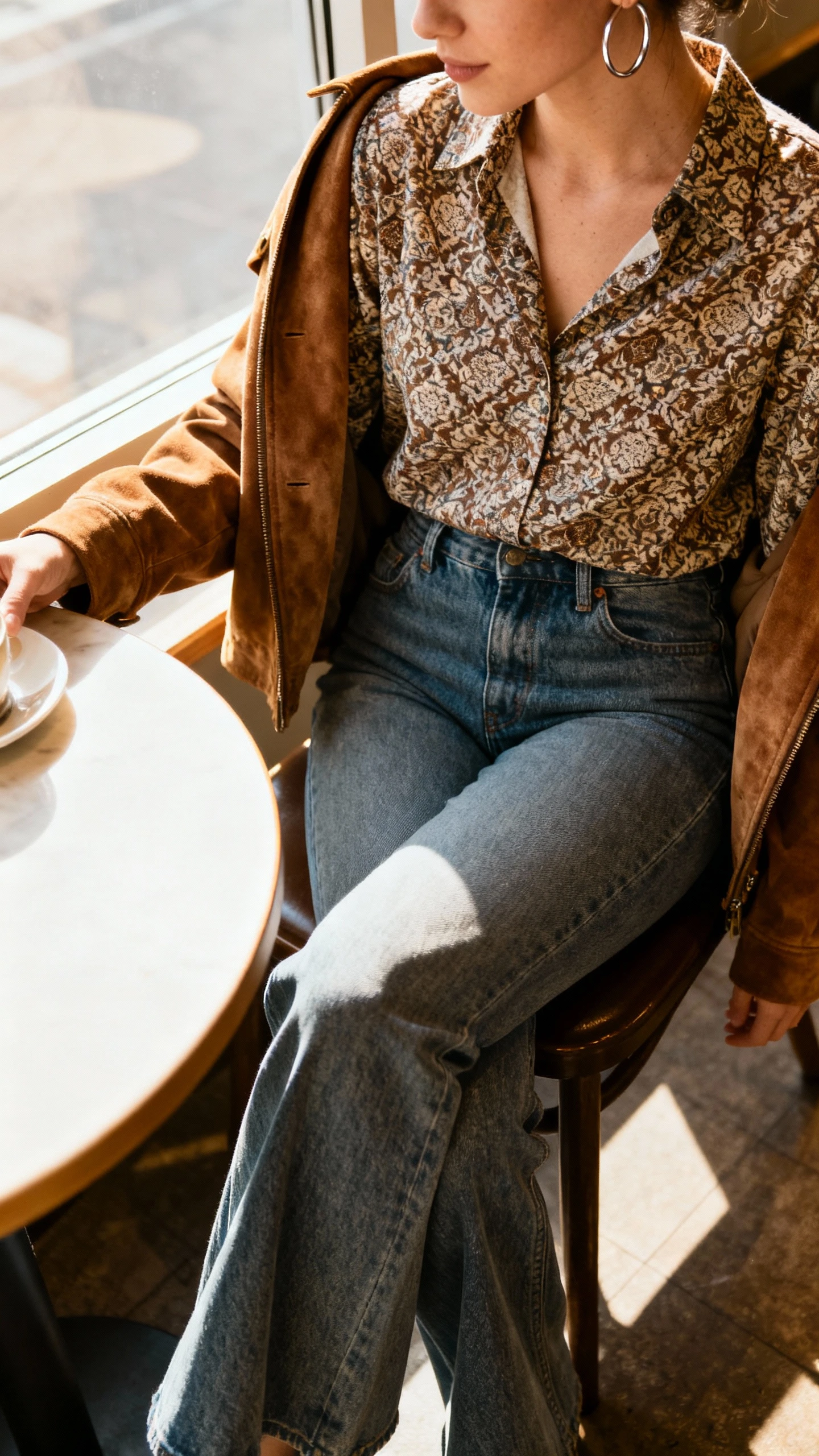 iPhone cafe table selfie, slight overhead angle, showing a woman in a patterned blouse tucked into flare jeans with a suede jacket draped over shoulders and hoop earrings, face not visible, morning window light, natural iPhone aesthetic.