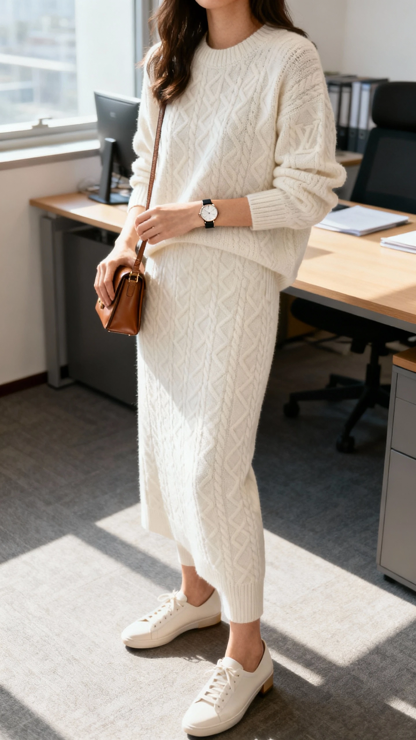 iPhone desk-side selfie of a woman wearing a monochrome knit set (matching sweater and skirt/pants) that looks designer, sleek sneakers or minimalist heels, slim watch, and a small leather bag, face not visible, office setting, morning light, natural iPhone photo quality