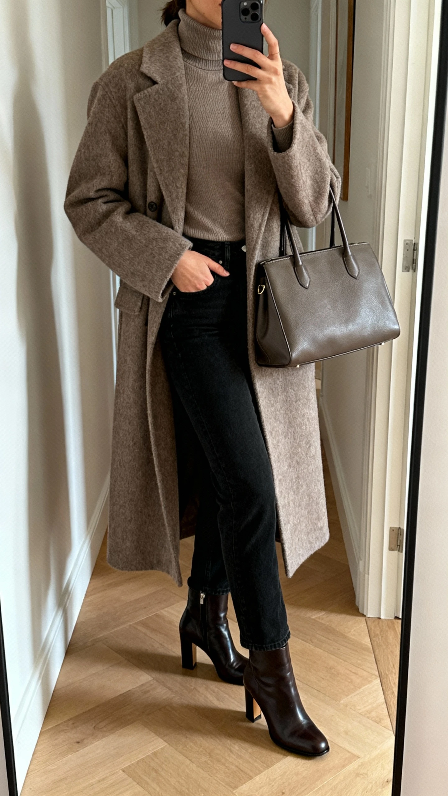 iPhone hallway mirror selfie of a woman wearing a long wool coat over a fitted turtleneck, black jeans, heeled leather ankle boots, structured tote, face not visible, cropped at shoulders, indoor ambient light, natural iPhone photo quality.