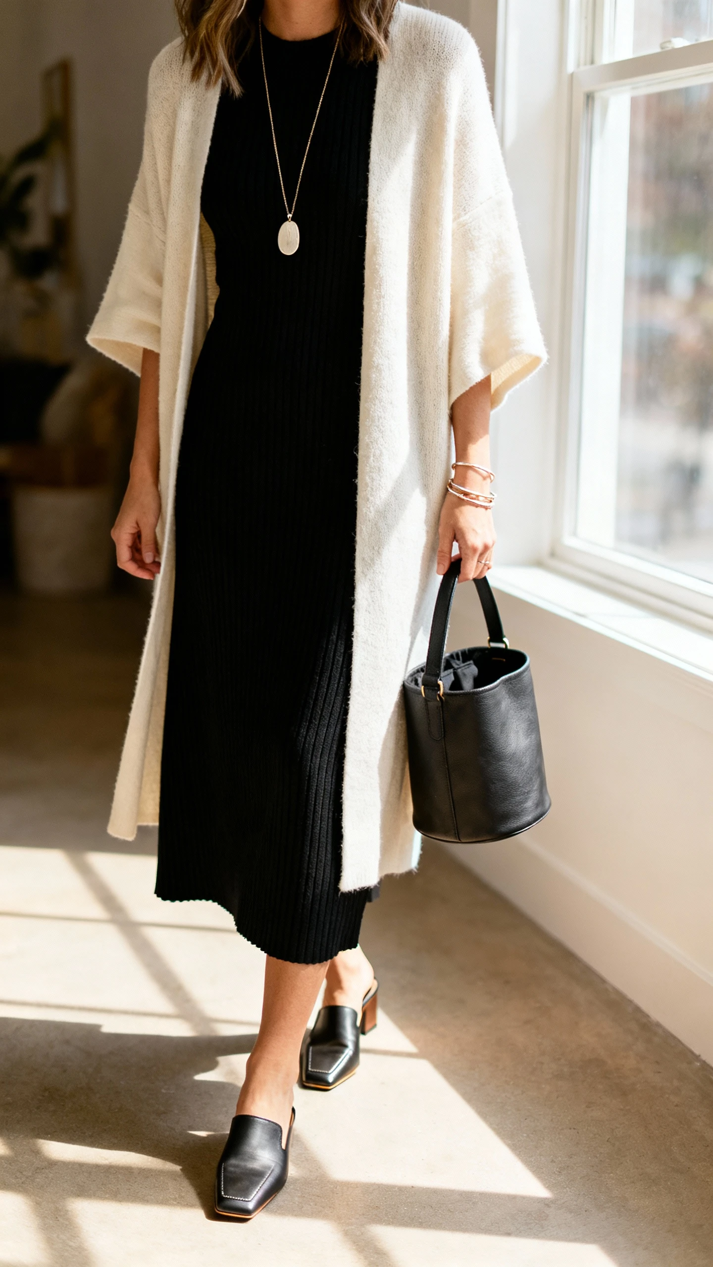 iPhone hallway selfie cropped at shoulders of a woman wearing a black ribbed midi column dress with a cream duster cardigan, square-toe mules, a long pendant necklace, delicate bangles, and a structured bucket bag, face not visible, natural window light, casual iPhone aesthetic.