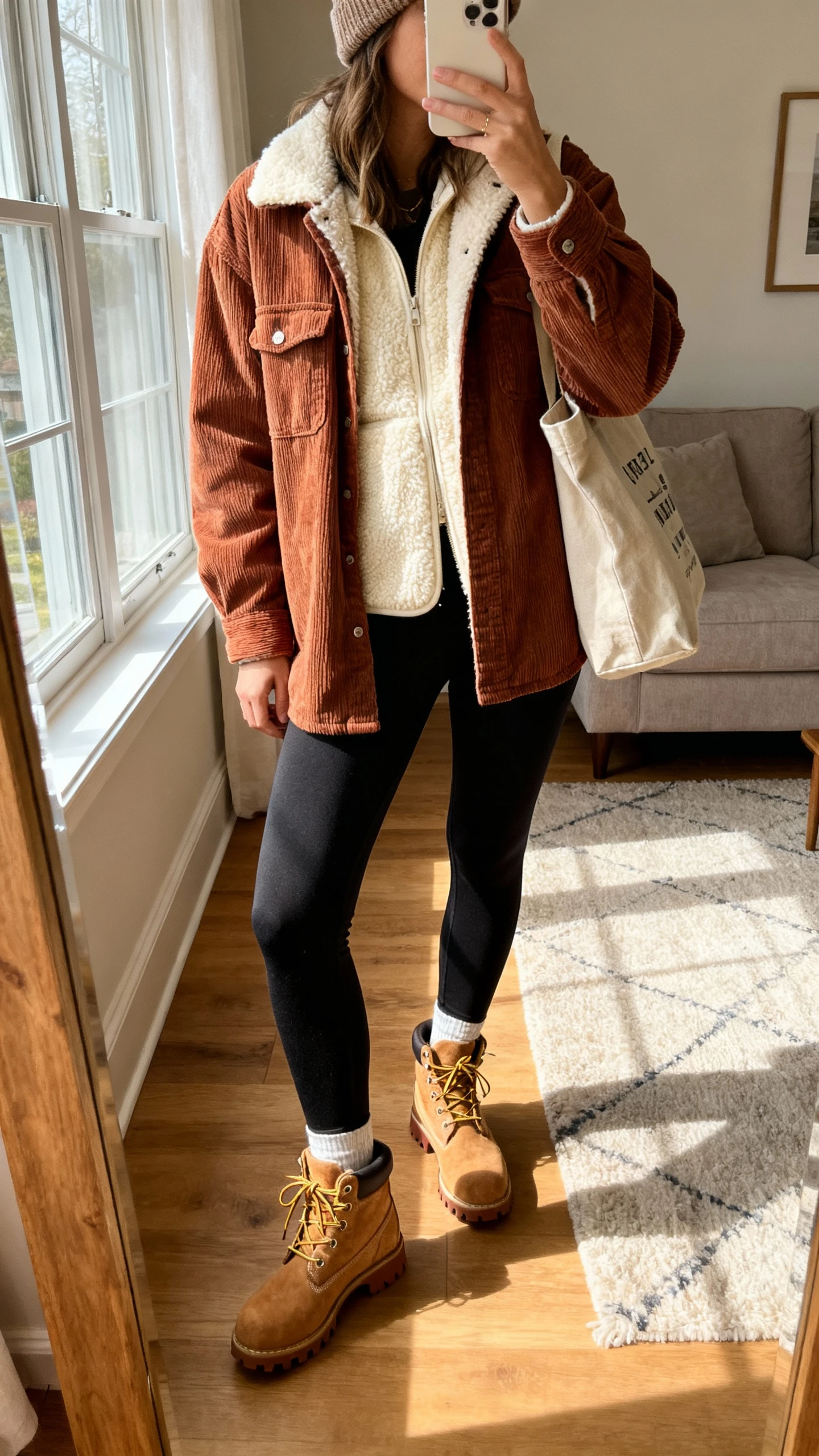 iPhone living-room mirror selfie of a woman wearing a cinnamon corduroy shacket over a cream sherpa vest, soft black leggings, tan suede hiking-style boots, beanie, and a canvas tote, face not visible, cropped at neck, warm afternoon window light, natural iPhone aesthetic.