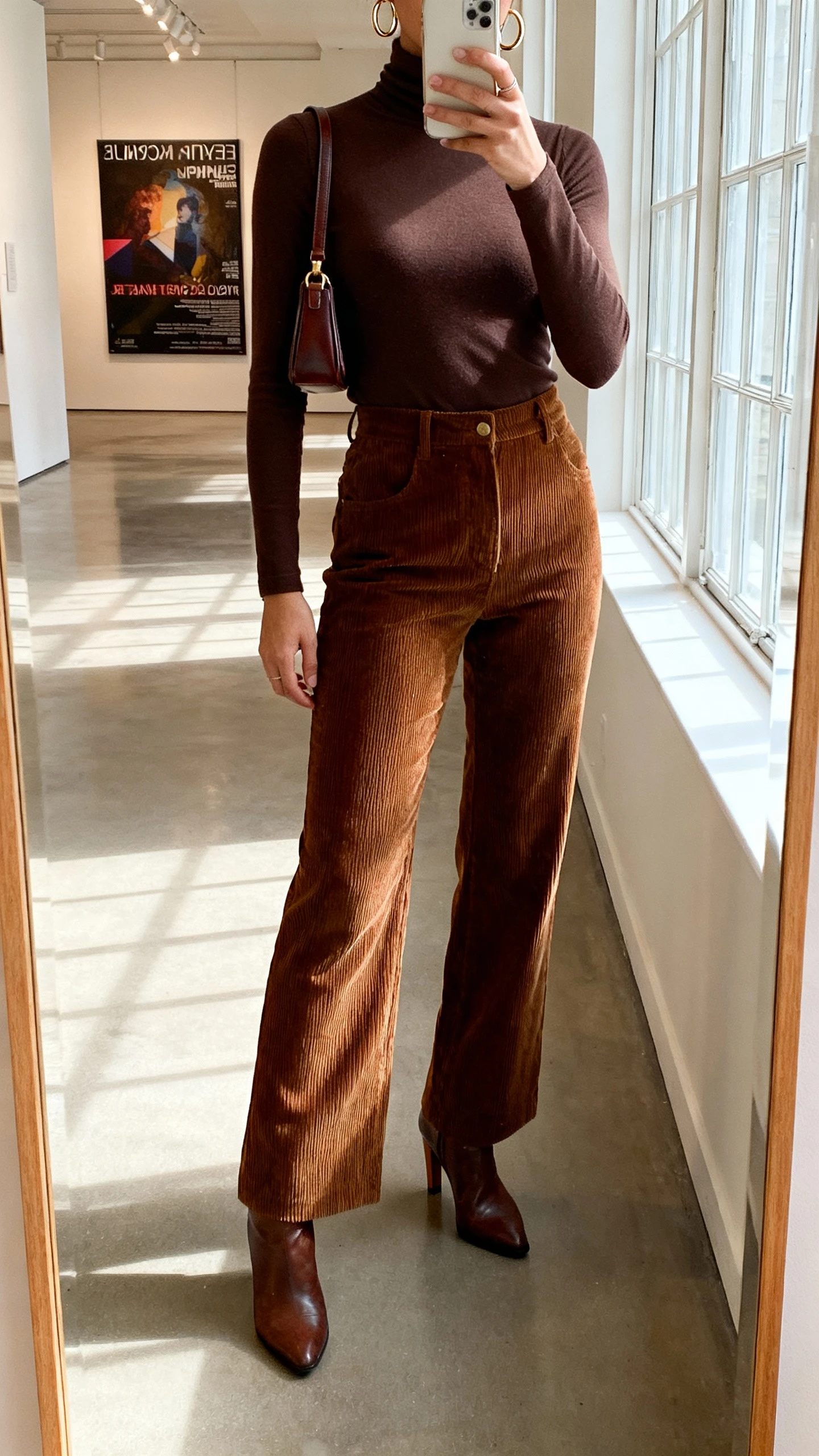 iPhone mirror selfie of a woman in retro corduroy trousers with a fitted turtleneck, heeled ankle boots, small shoulder bag, hoops; face not visible, art-gallery hallway with poster in background, afternoon window light, natural iPhone photo quality.