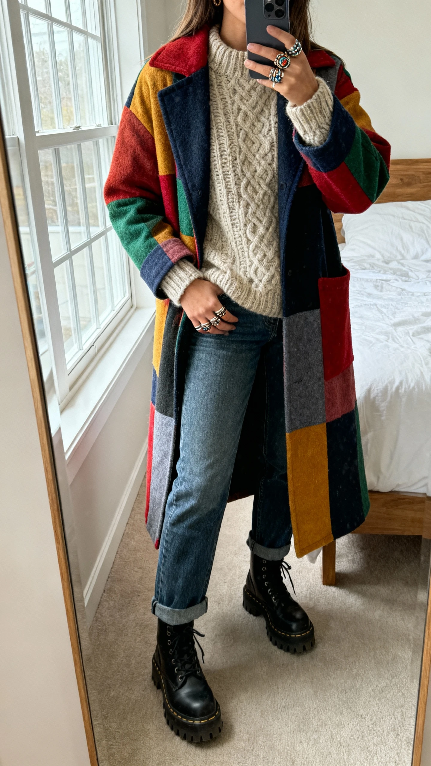 iPhone mirror selfie of a woman wearing a colorful patchwork coat over a chunky knit sweater, straight-leg jeans, lug-sole boots, layered boho rings, face not visible, cropped at neck, bedroom full-length mirror, natural window light, natural iPhone photo quality