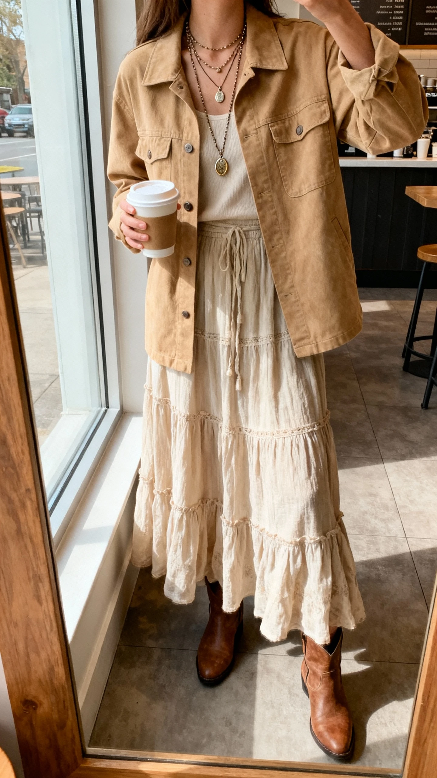 iPhone mirror selfie of a woman wearing a desert-tone shacket over a flowy boho maxi skirt with ankle boots and layered pendant necklaces, holding a takeaway coffee, face not visible, cropped at neck, coffee shop mirror, soft morning window light, natural iPhone photo quality.