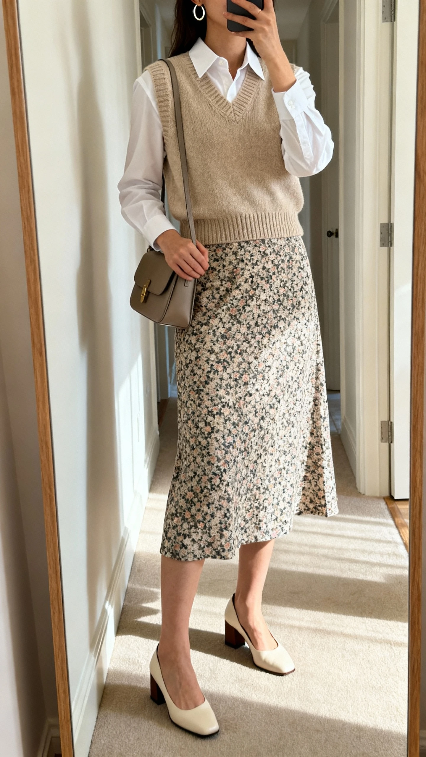 iPhone mirror selfie of a woman wearing a fine-gauge oatmeal knit vest over a crisp white collared shirt, printed midi skirt (micro-floral), almond-toe block heels, minimal hoop earrings, and a structured bag, face not visible, cropped at shoulders, hallway mirror, natural daylight.