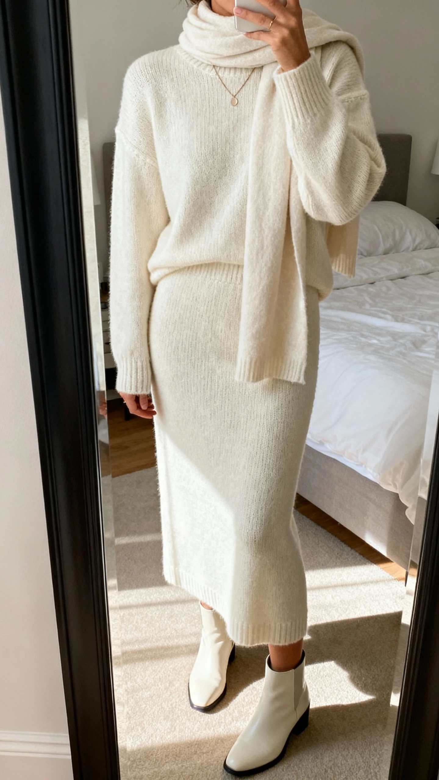 iPhone mirror selfie of a woman wearing a monochrome knit set (matching sweater and midi knit skirt) in cream, sleek ankle boots, delicate necklace, soft scarf in same tone, face not visible, bedroom full-length mirror, natural daylight, casual iPhone photo.