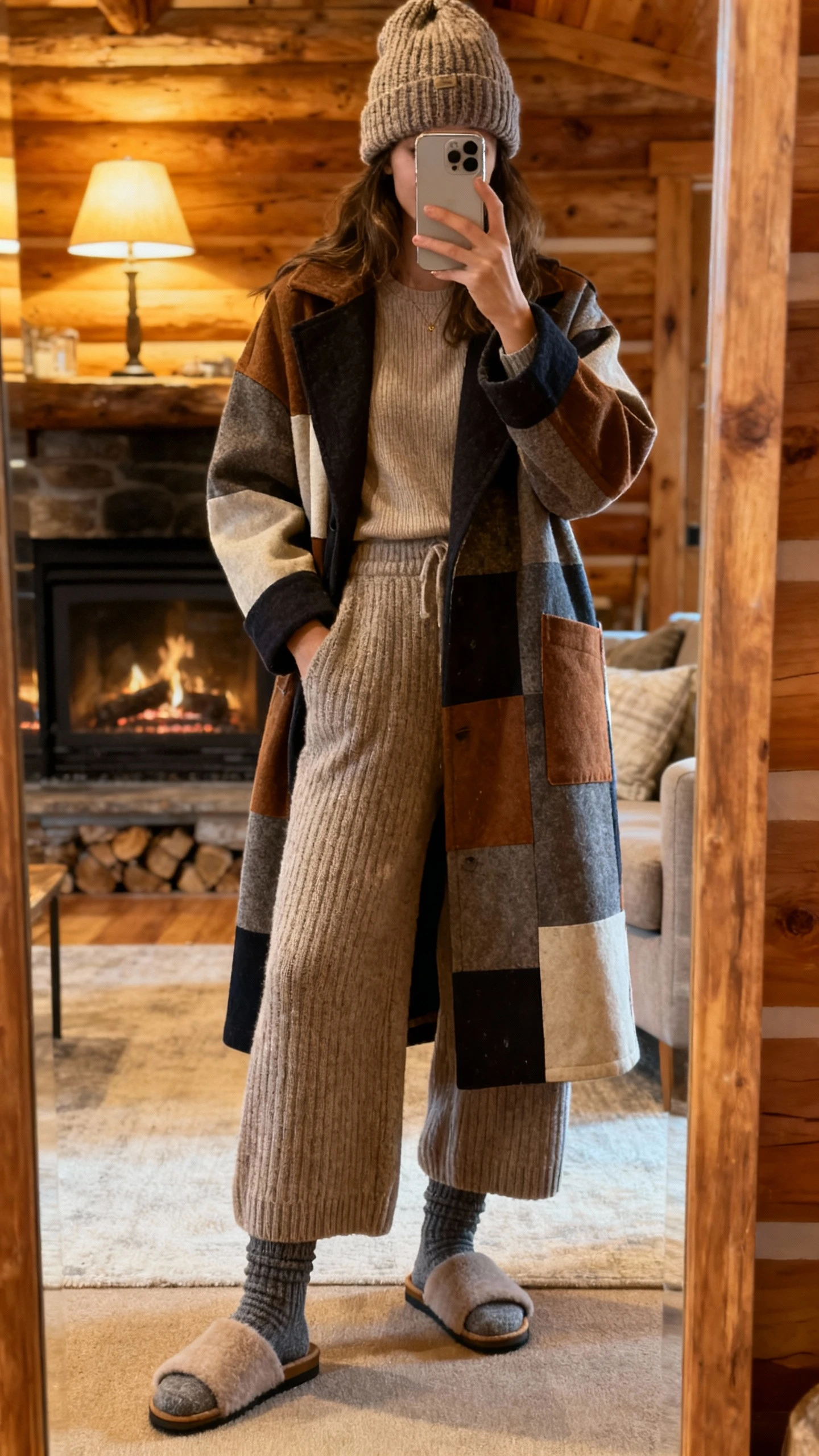iPhone mirror selfie of a woman wearing a patchwork coat over a simple knit top, wide-leg knit pants, cozy socks with slide-on mules, and a knit beanie, face not visible, cabin-style living room mirror near a fireplace, warm lamp light, natural iPhone quality.