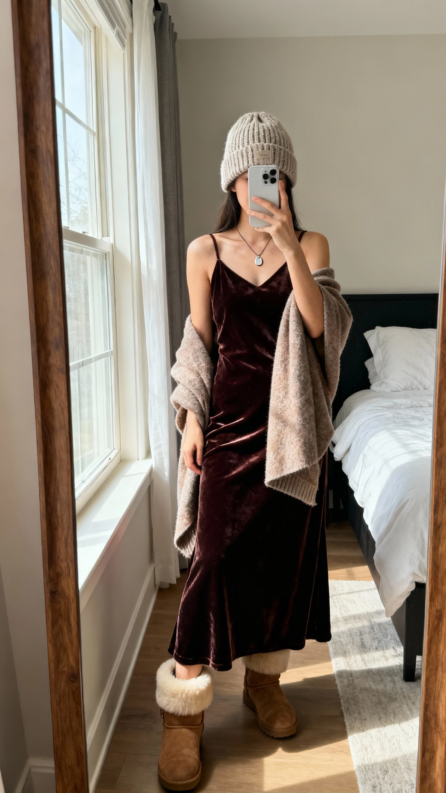 iPhone mirror selfie of a woman wearing a velvet maxi dress with shearling boots, knit beanie, simple pendant necklace, and a cozy wrap, face not visible, cropped at neck, bedroom full-length mirror, soft window light, natural iPhone photo quality.