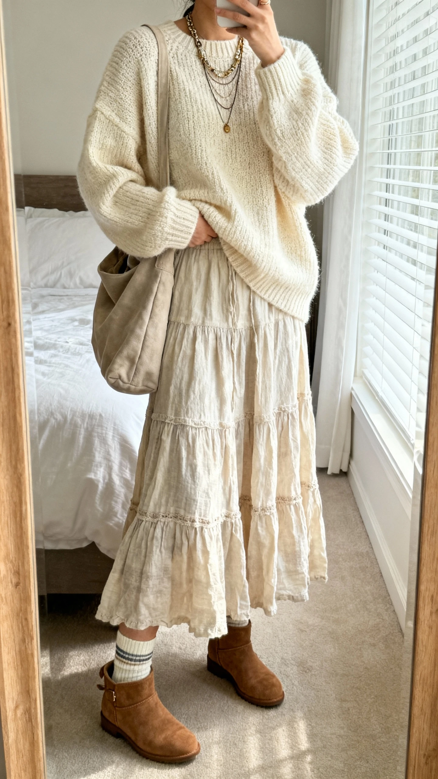 iPhone mirror selfie of a woman wearing an oversized chunky cream sweater tucked into a flowy boho maxi skirt, with cozy socks and suede ankle boots, layered necklaces and a slouchy tote, face not visible, cropped at neck in a bedroom mirror, soft window light, natural iPhone photo quality.