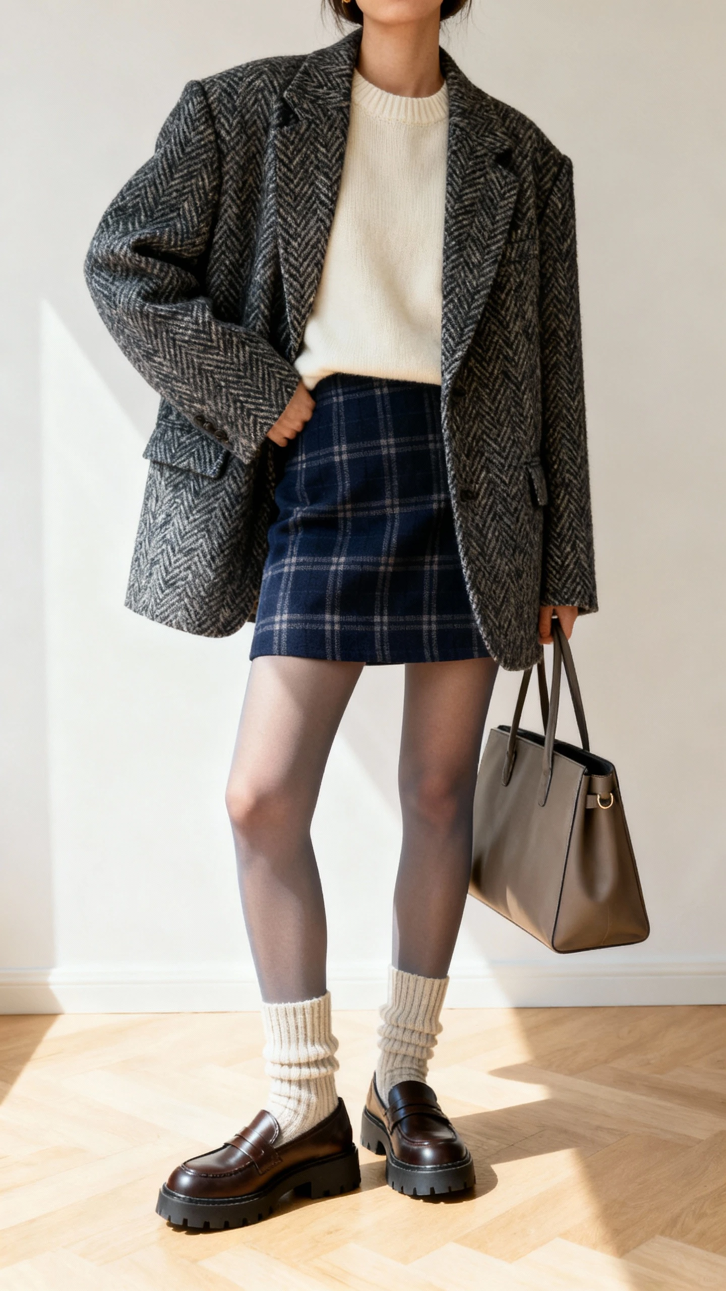 iPhone office mirror selfie of a woman in a navy plaid mini skirt, oversized herringbone blazer, cream crewneck sweater, chunky loafers with ribbed socks peeking, opaque tights, and a structured tote; face not visible, cropped at neck, bright indoor lighting, natural iPhone quality.