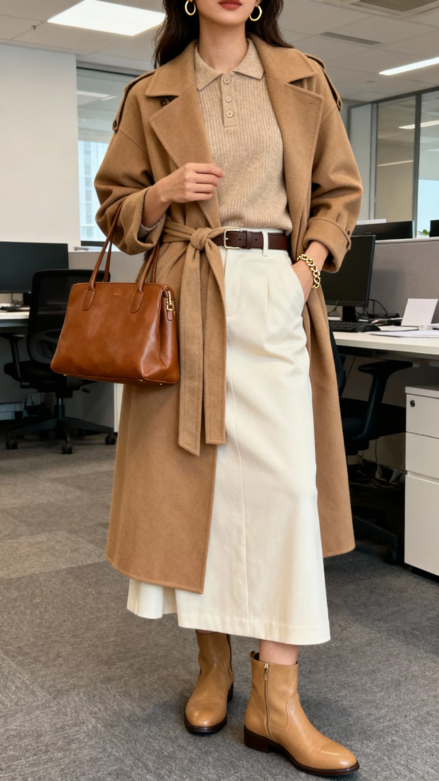 iPhone office-mirror selfie of a woman in all-tonal layers: camel wrap coat or trench, beige cashmere sweater or knit polo, cream wide-leg trousers or tailored skirt, tan leather boots or loafers, minimal darker tan belt, structured cognac bag, subtle gold hoops and thin chain bracelet, face not visible, neutral office lighting, natural iPhone quality.