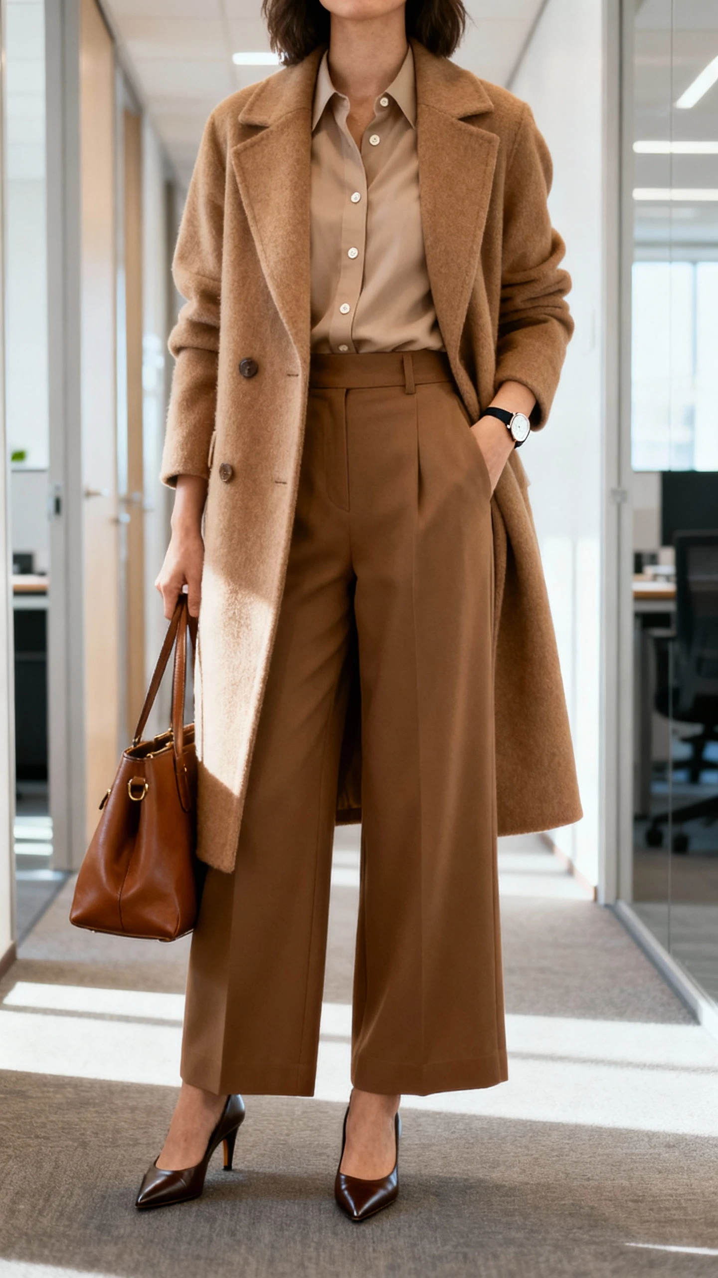 iPhone office mirror selfie of a woman wearing a tailored camel wool coat over a crisp button-up, high-waisted wide-leg trousers, pointed-toe heels, leather tote, and a slim watch; face not visible, cropped at neck, bright office hallway light, natural iPhone photo quality.