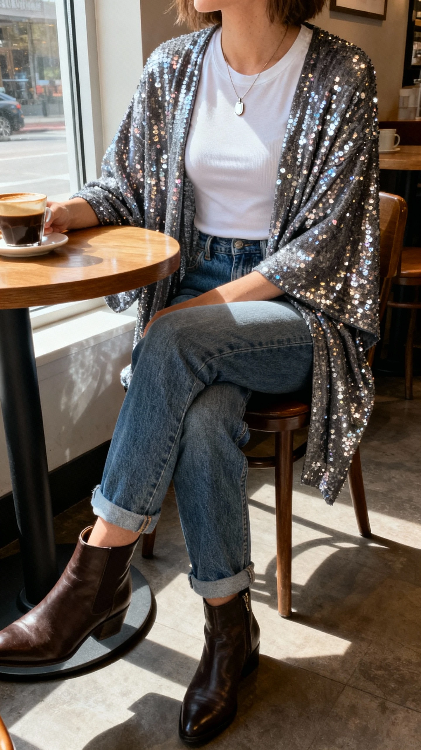 iPhone seated cafe selfie, cropped at neck, of a woman wearing a sequin kimono over a fitted tee and high-rise denim, ankle boots, simple pendant necklace, face not visible, window light at a coffee shop table, natural iPhone photo quality.
