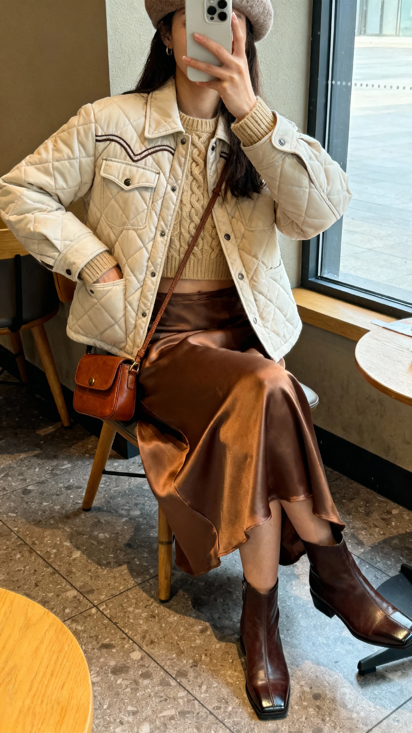 iPhone seated cafe selfie cropped at neck showing a woman in a quilted Western jacket with yoke detail, cropped sand cable-knit sweater, earthy satin midi slip skirt, square-toe ankle boots, wool beret, leather mini crossbody, face not visible, window light, natural iPhone aesthetic.