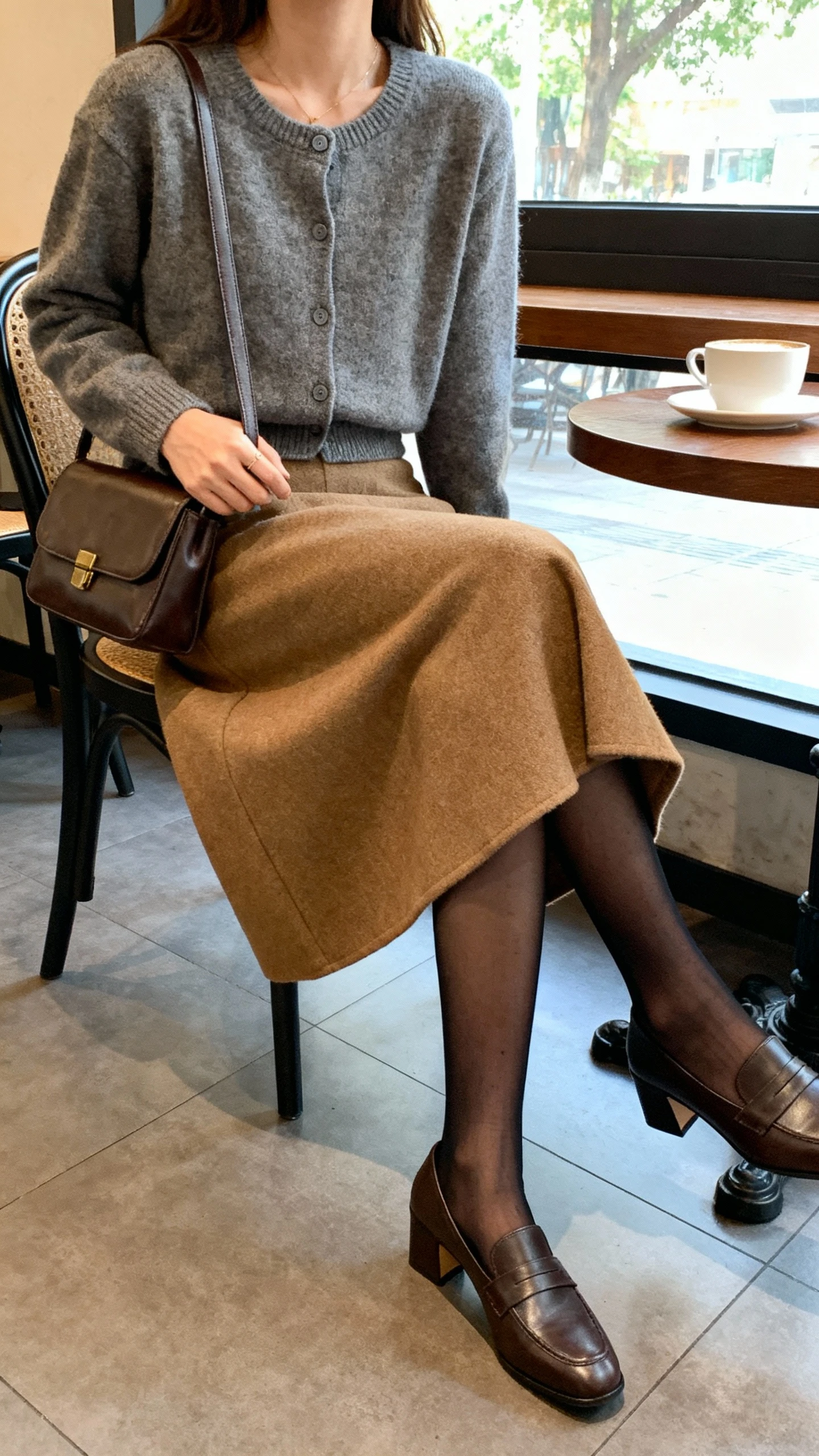 iPhone seated cafe selfie cropped at shoulders showing a woman wearing a heather gray knit cardigan and matching shell, camel A-line wool midi skirt, heeled loafers, sheer black tights, and a simple leather shoulder bag; face not visible, window light, casual iPhone aesthetic.