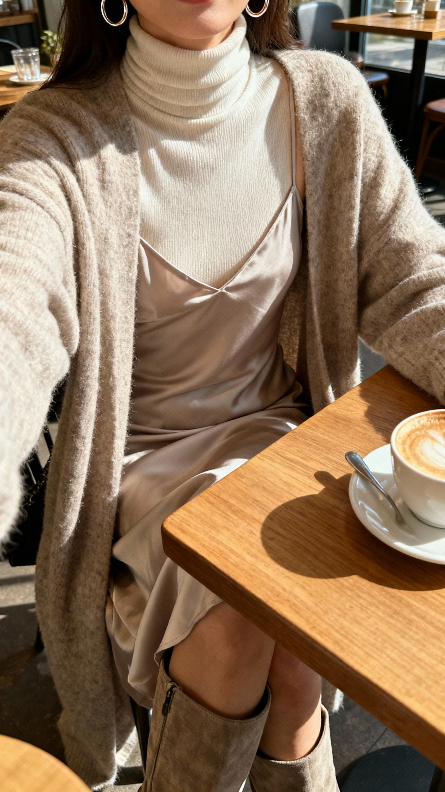 iPhone seated cafe selfie cropped at shoulders showing a woman layering a slip dress over a fitted turtleneck with a long cardigan and slouchy boots, simple hoop earrings, face not visible, cozy cafe table setting, morning light, casual iPhone aesthetic.