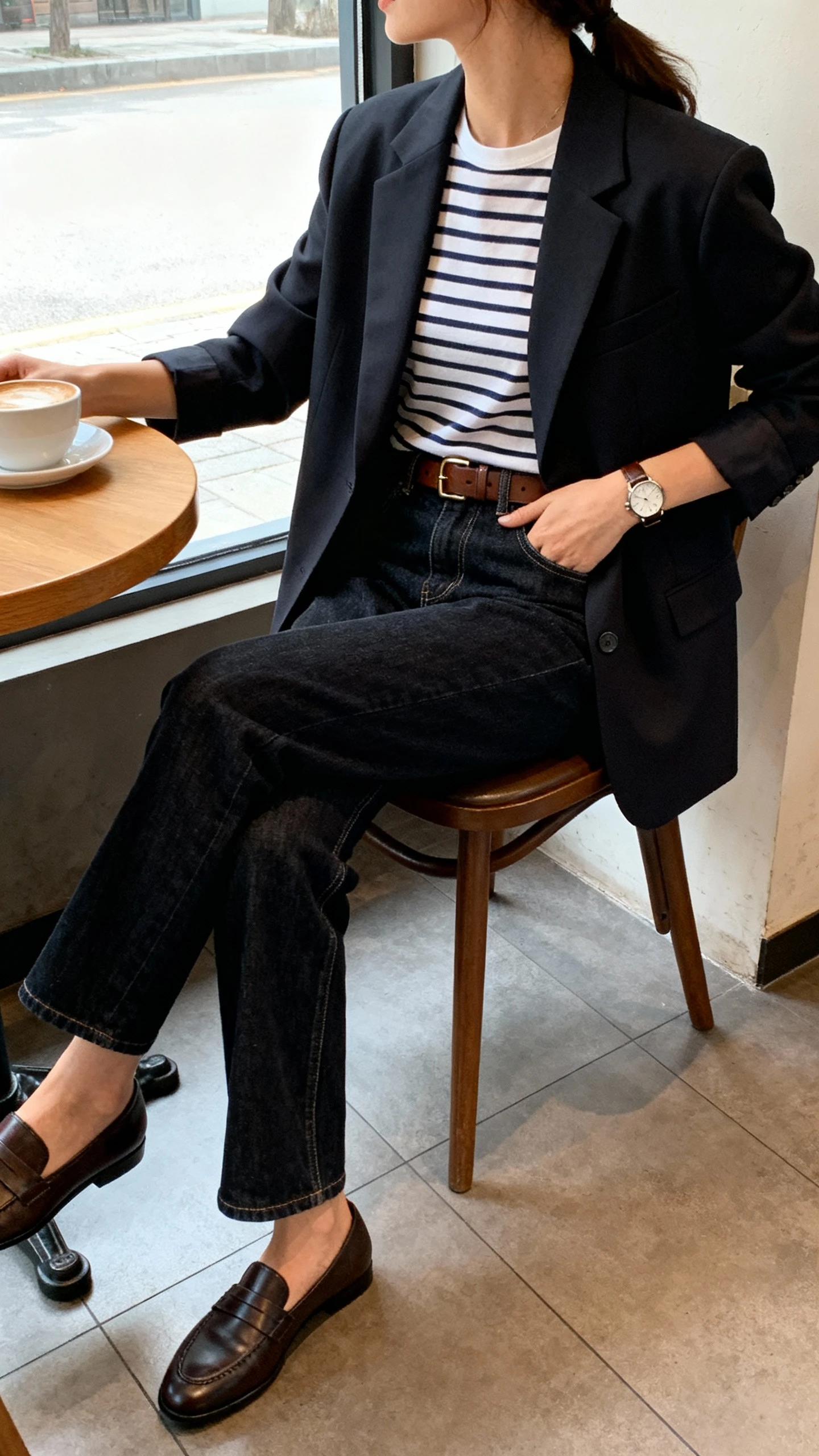 iPhone seated cafe selfie of a woman wearing dark-wash straight-leg jeans, tailored blazer, tucked-in striped tee, leather belt, loafers, simple watch, face not visible, side angle by window, natural daylight, casual iPhone quality.